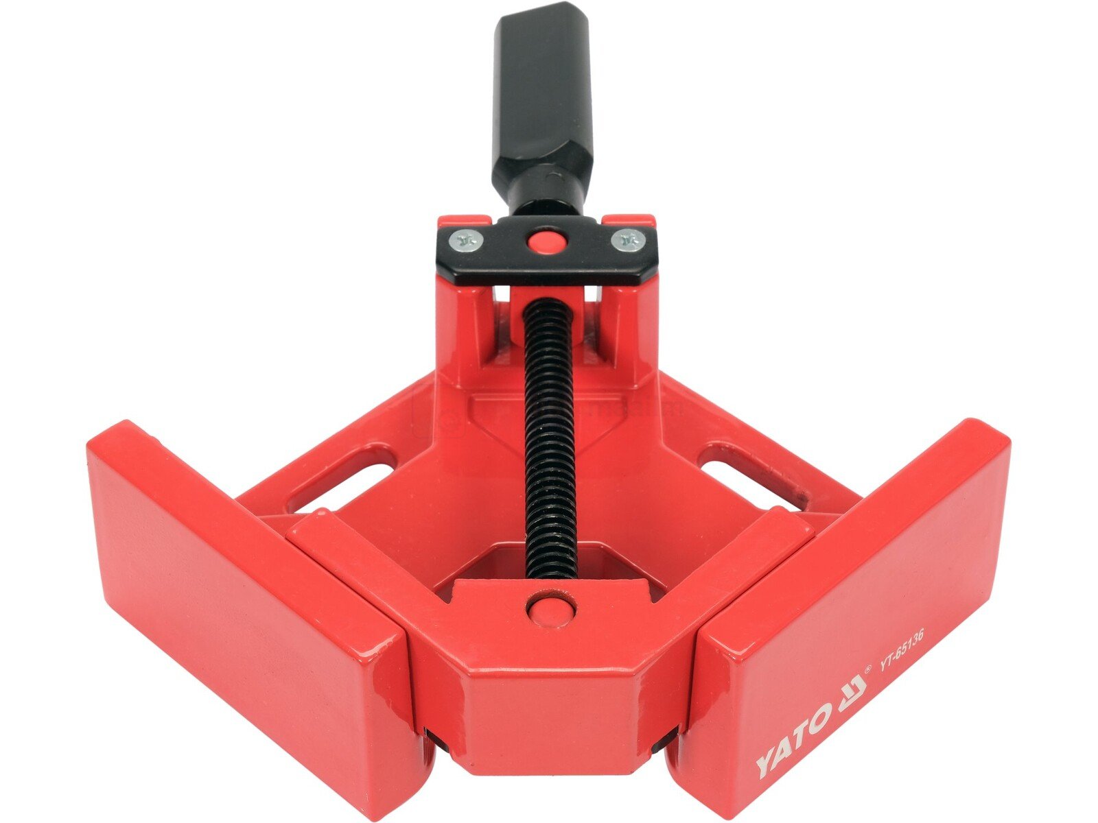 Pildil on punane YATO nurgapitskruvi 90˚, mis on valmistatud alumiiniumist ja mõõtmetega 150 x 150 mm.
