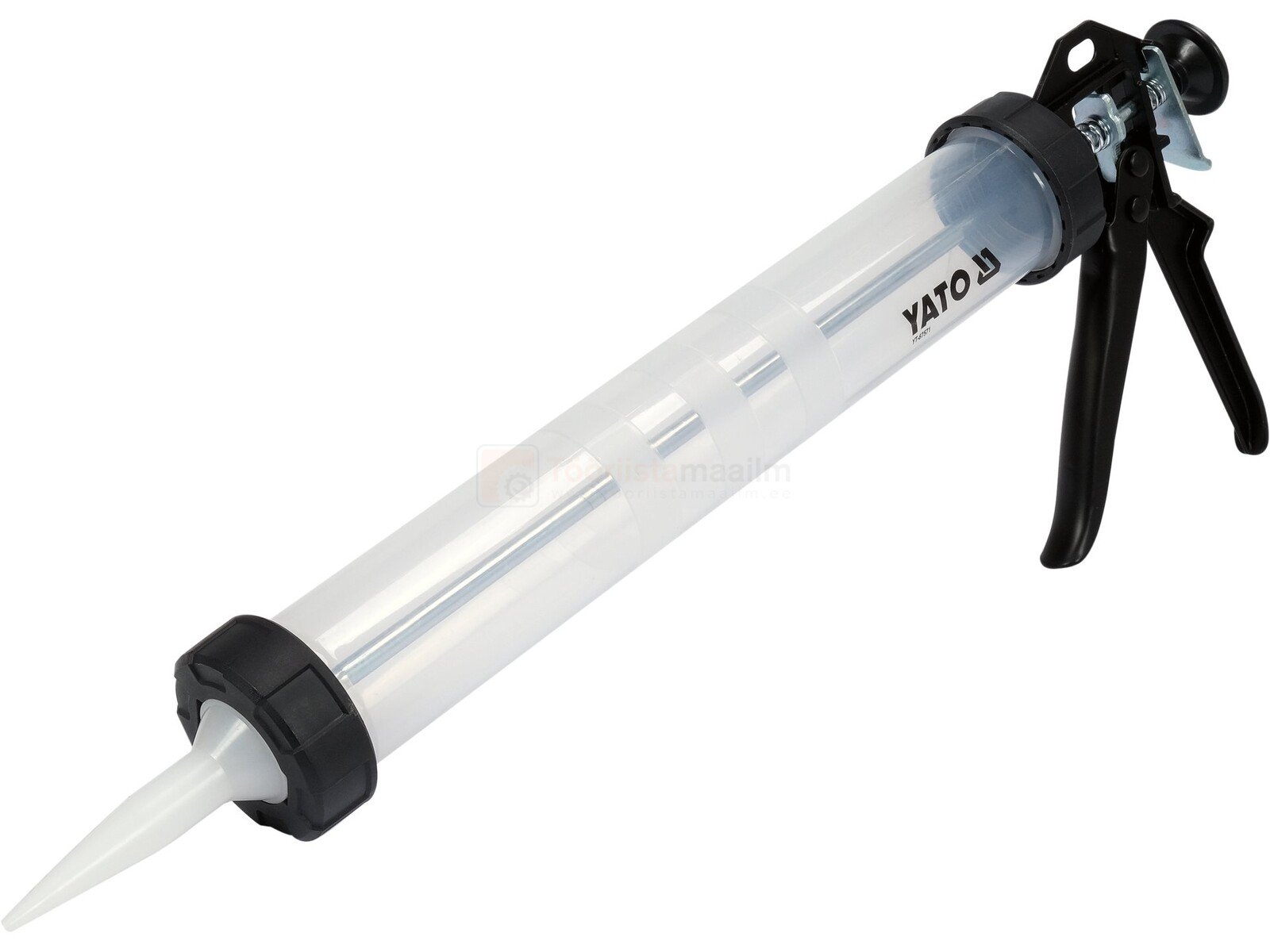 Pildil on YATO silikoonipüstol 600 mm, millel on läbipaistev silinder ja must käepide.