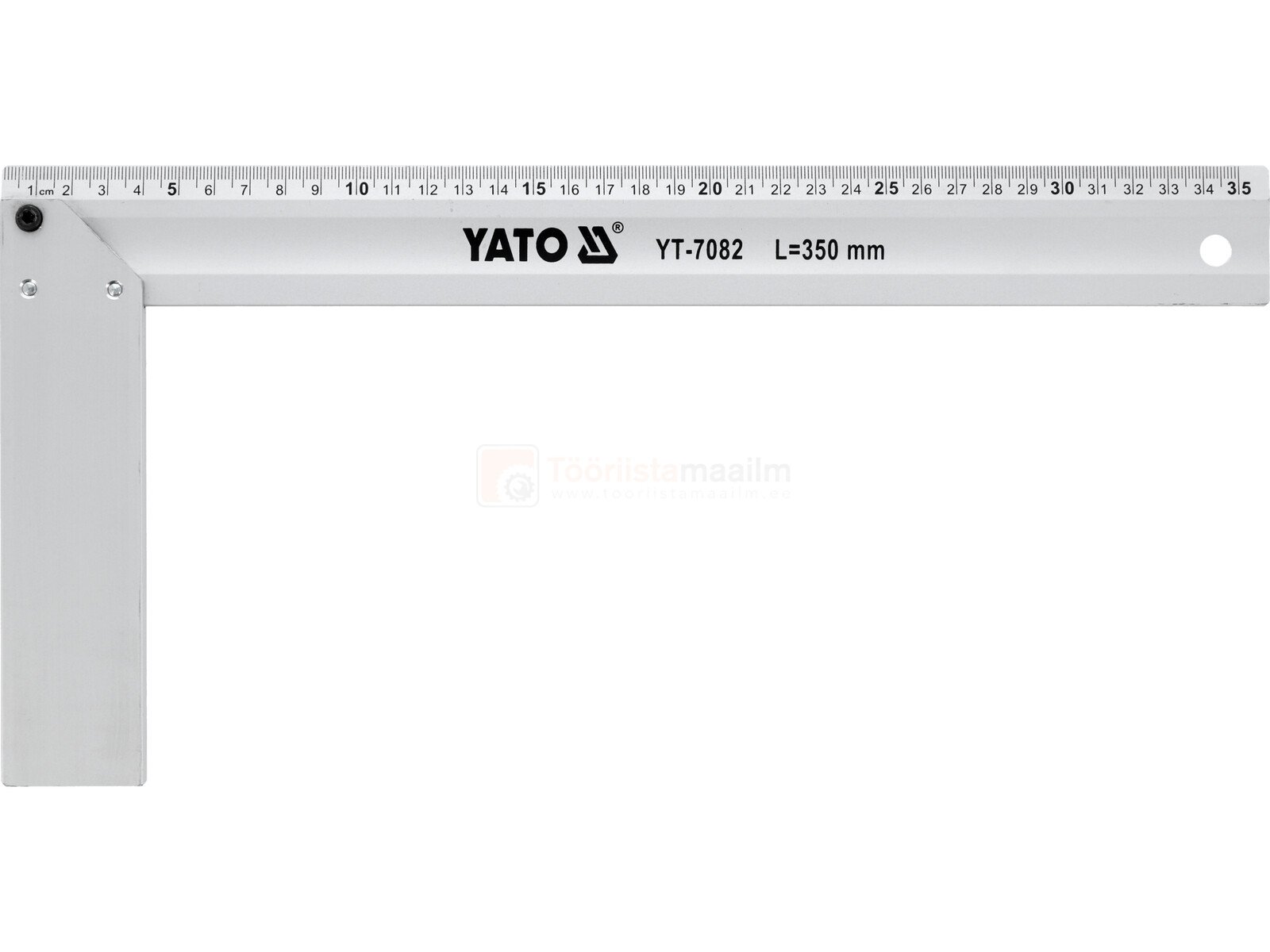 Pildil on Yato alumiiniumist nurgik, millel on mõõtühikud ja mis on mõeldud nurkade mõõtmiseks ja märkimiseks.