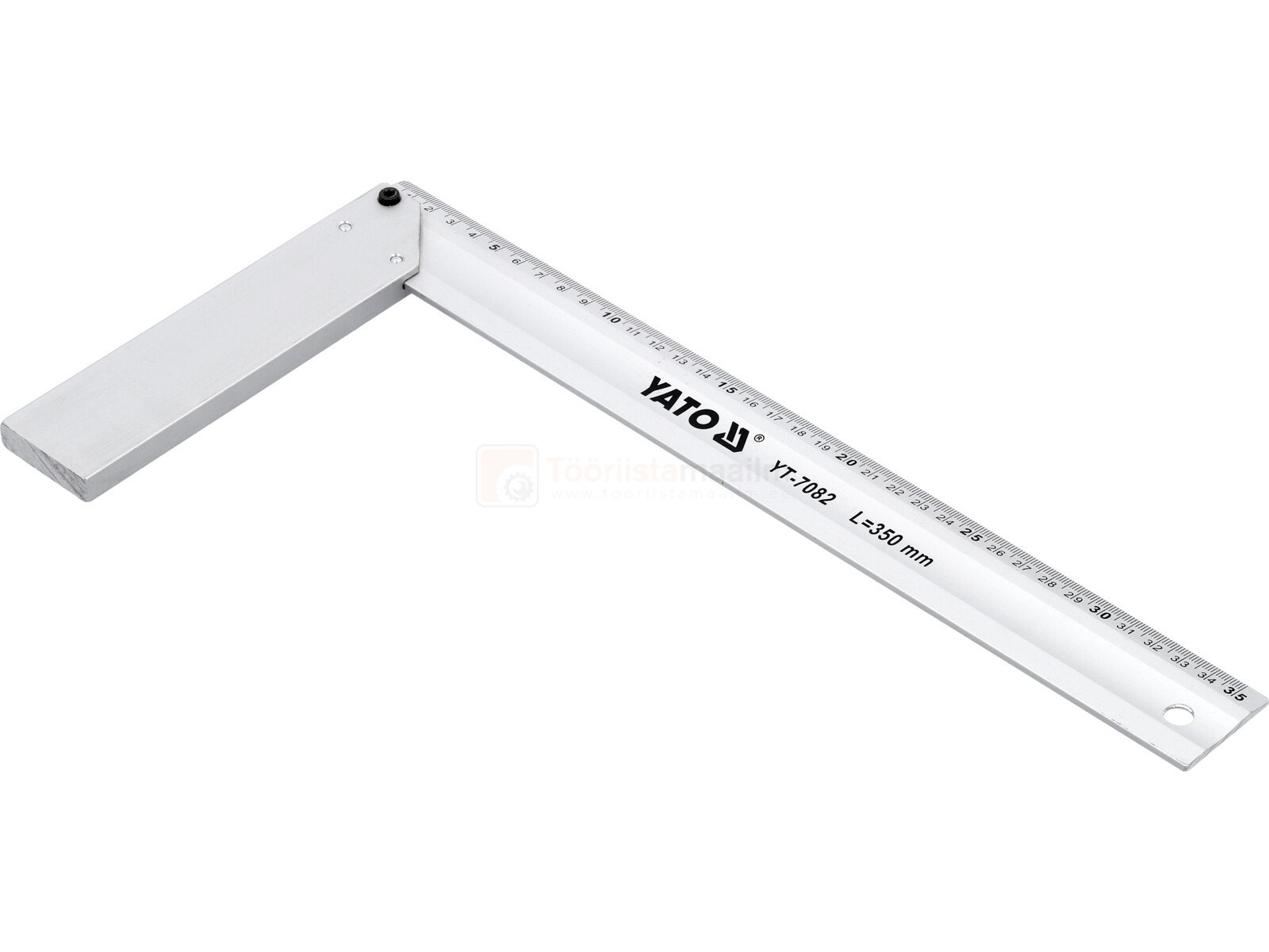Pildil on YATO alumiiniumist nurgik, millel on mõõteskaala ja mis on mõeldud nurkade mõõtmiseks ja märkimiseks.