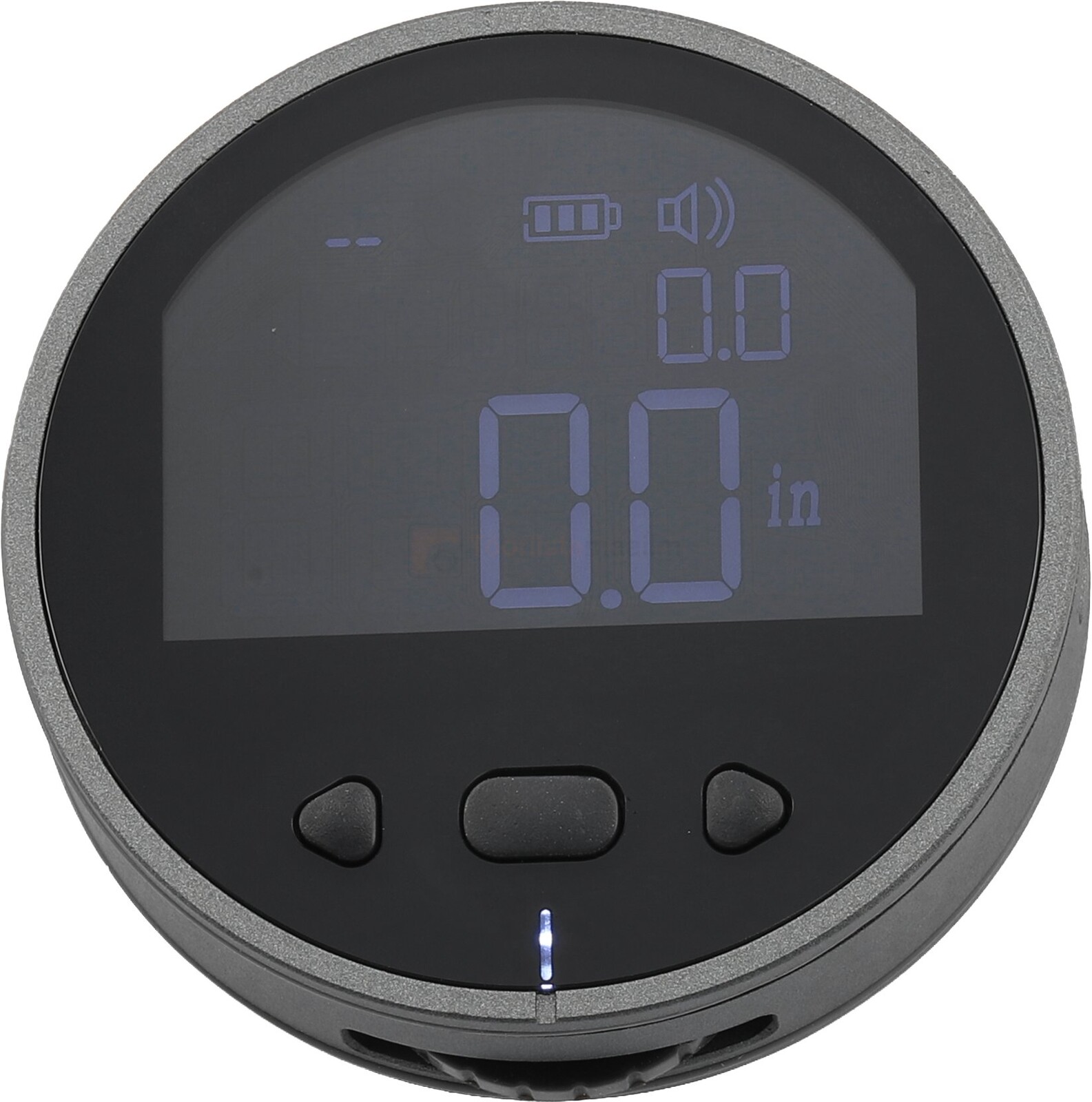 Pildil on Yato pikkuse mõõteriista ekraan, mis kuvab mõõdetud väärtust ning näitab aku taset ja helisätteid.