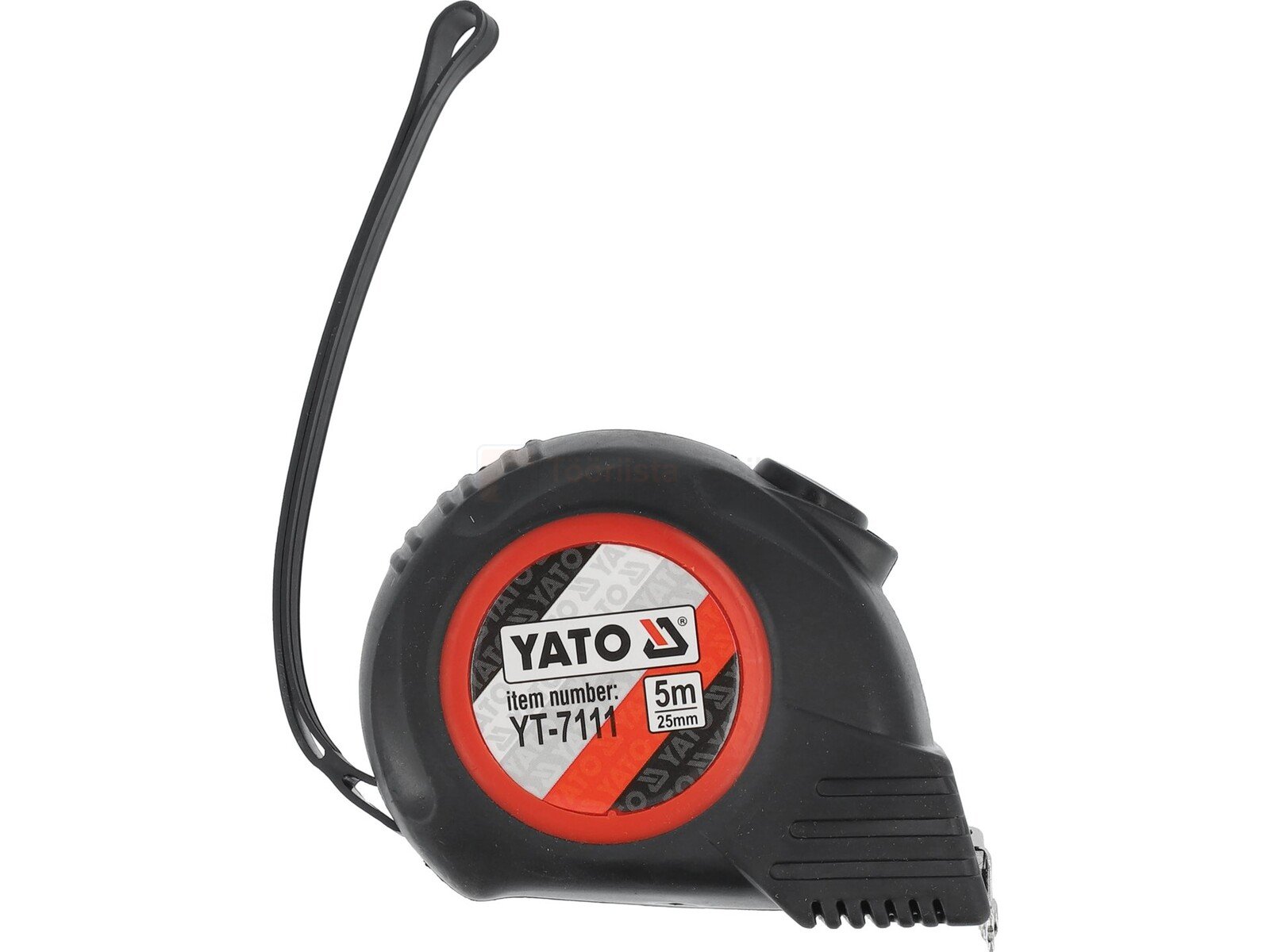 Pildil on musta korpusega Yato mõõdulint, millel on punane detail ja must rihm.