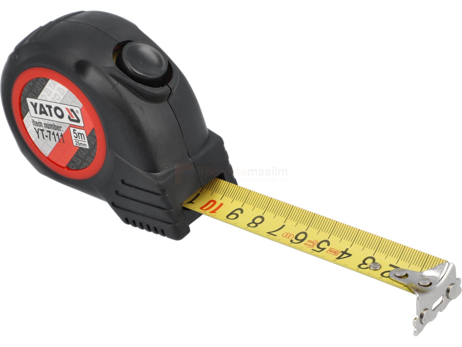 Pildil on musta korpusega YATO mõõdulint, millelt on näha kollast mõõdulinti pikkusega umbes 10 cm.