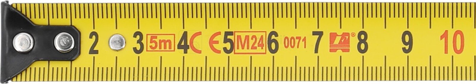 Pildil on kollane Yato mõõdulint, millel on näha numbrid 2 kuni 10, mis tähistavad sentimeetreid.