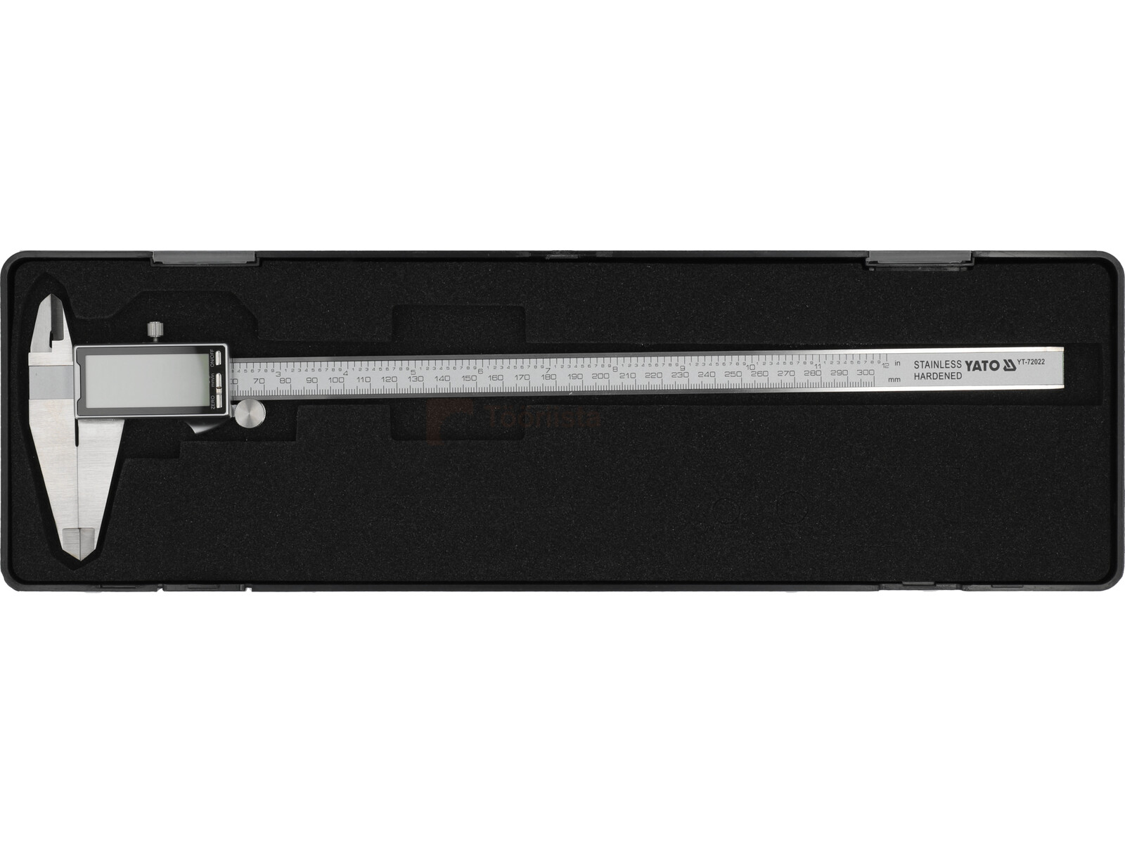 Pildil on YATO digitaalsed nihikud suure ekraaniga, mille mõõtevahemik on 0-300 mm, asetatud musta karpi.