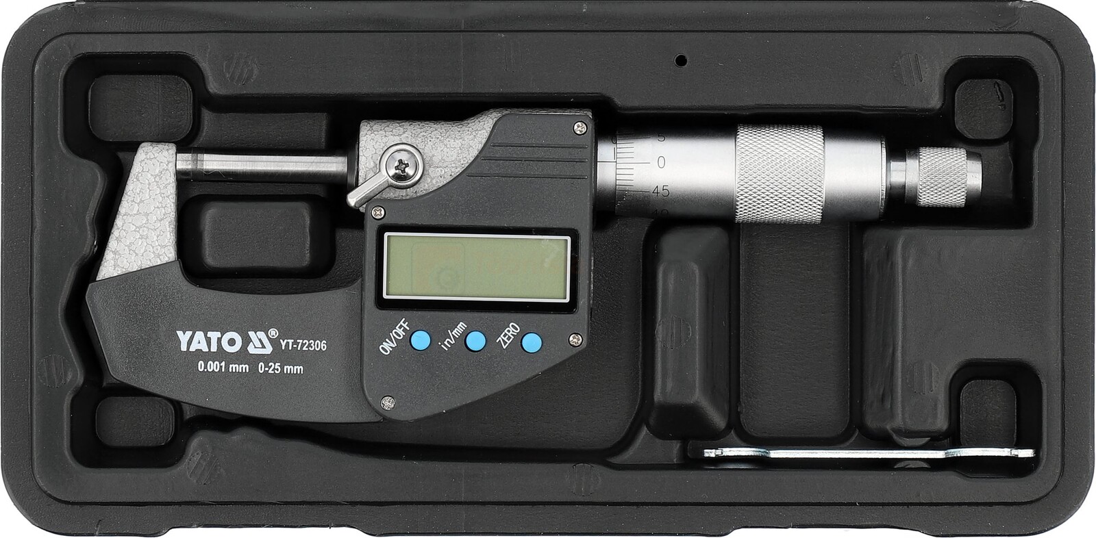 Pildil on Yato digitaalsed mikromeetrid vahemikus 0-25 mm, mis on paigutatud musta plastkarpi.