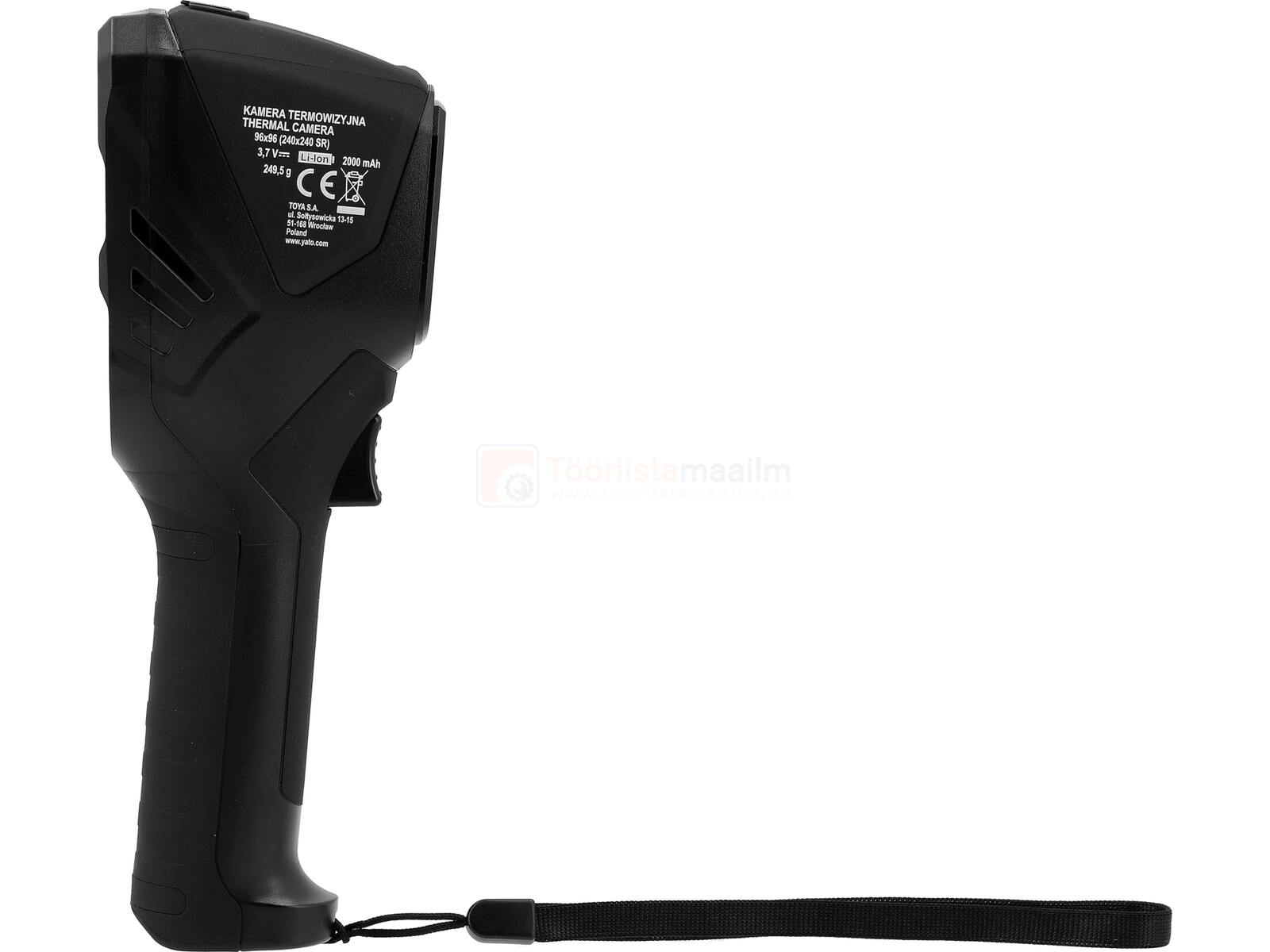 Pildil on Yato termokaamera, millel on käepide, päästik ja randmerihm, mis näitab seadme disaini ja konstruktsiooni.