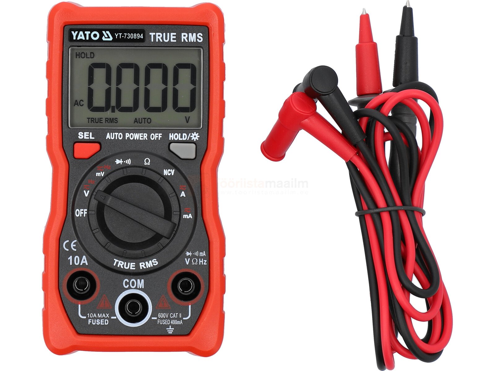 Pildil on näha Yato TRUE RMS LCD 4000 multimeeter koos juhtmetega, mille ekraan näitab väärtust "0.000".