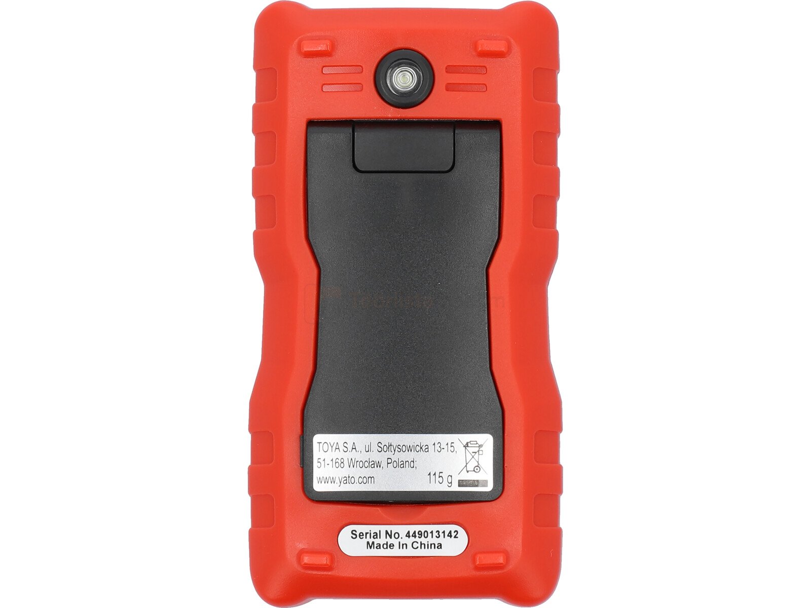 Pildil on näha YATO multimeetri TRUE RMS LCD 4000 tagakülg, millel on punane korpus ja must tagaplaat koos tootja andmete...