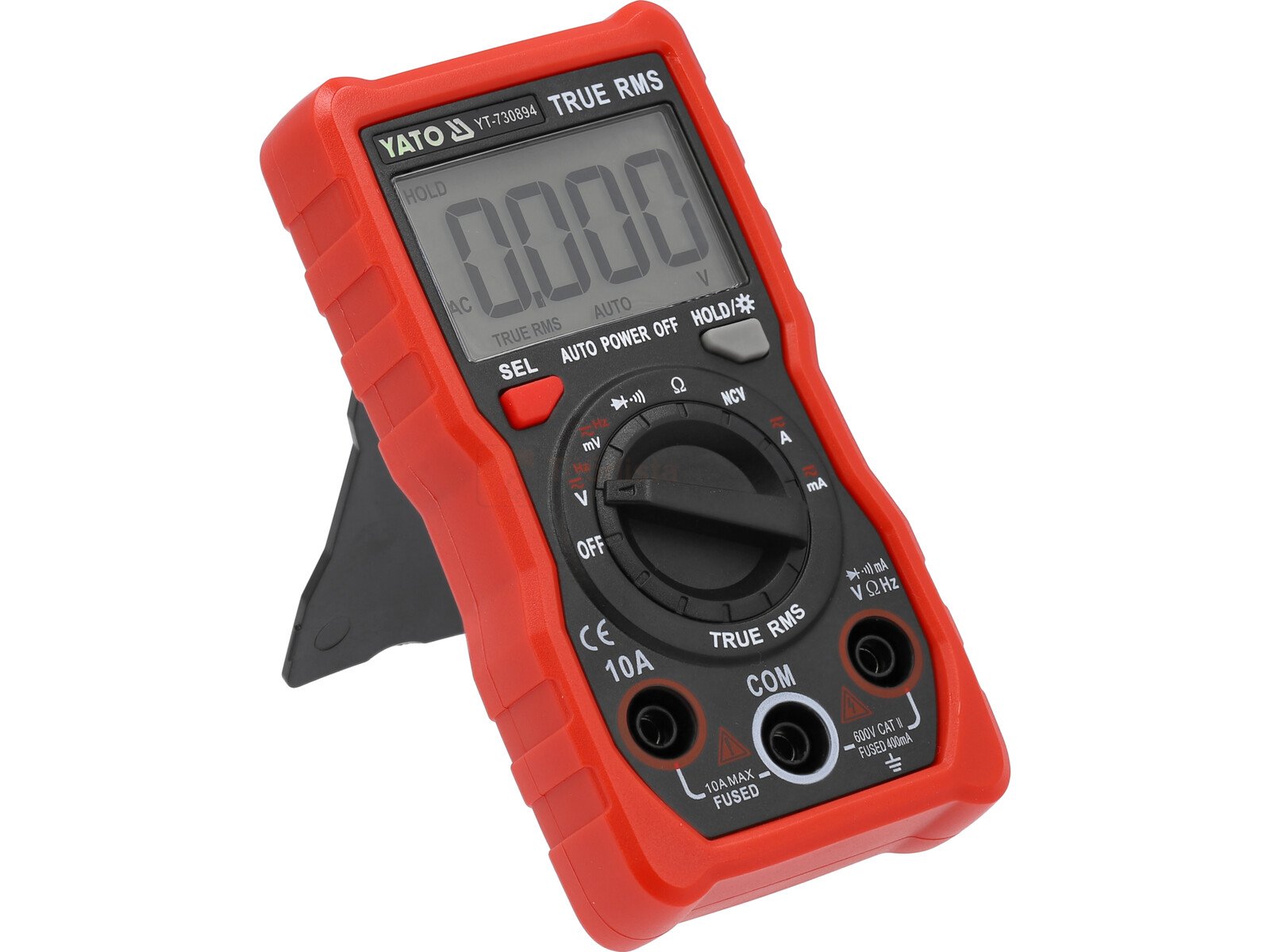 Pildil on näha Yato TRUE RMS LCD 4000 multimeeter, millel on punane korpus, LCD ekraan ja must pöördnupu, lisaks on näha...