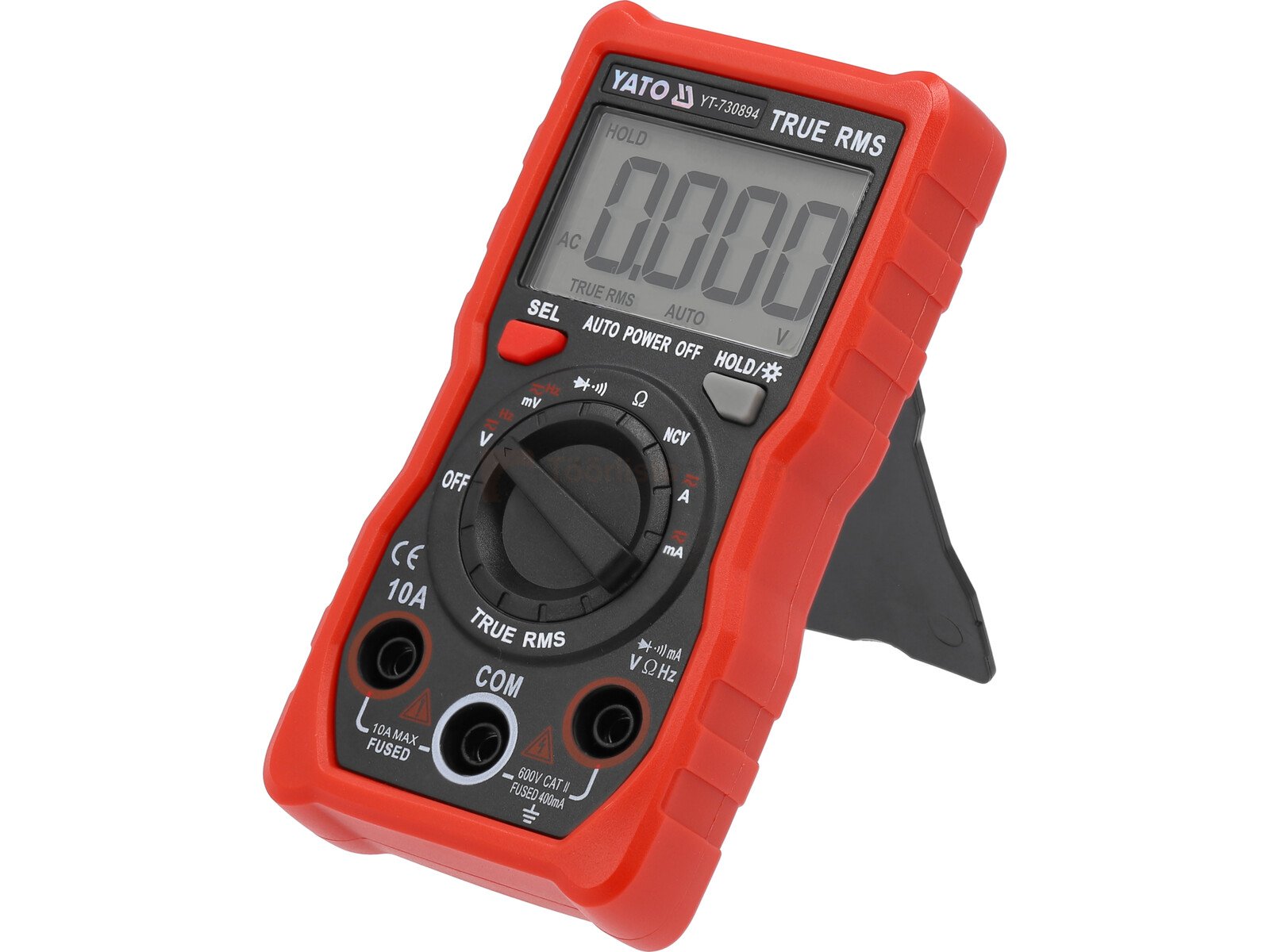 Pildil on näha punane YATO TRUE RMS LCD 4000 multimeeter, millel on suur ekraan ja mida kasutatakse elektriparameetrite...