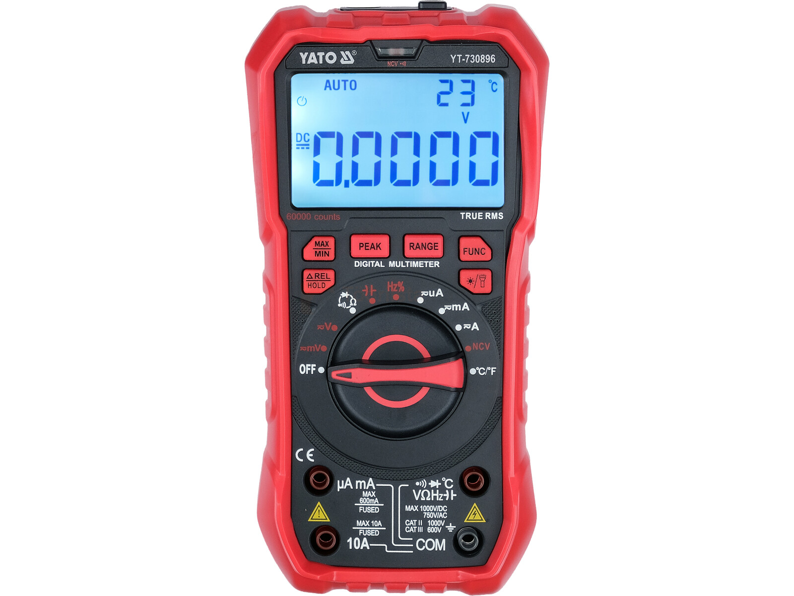 Pildil on kujutatud punane YATO multimeeter TRUE RMS LCD 60000, mille digitaalne ekraan näitab nulli.