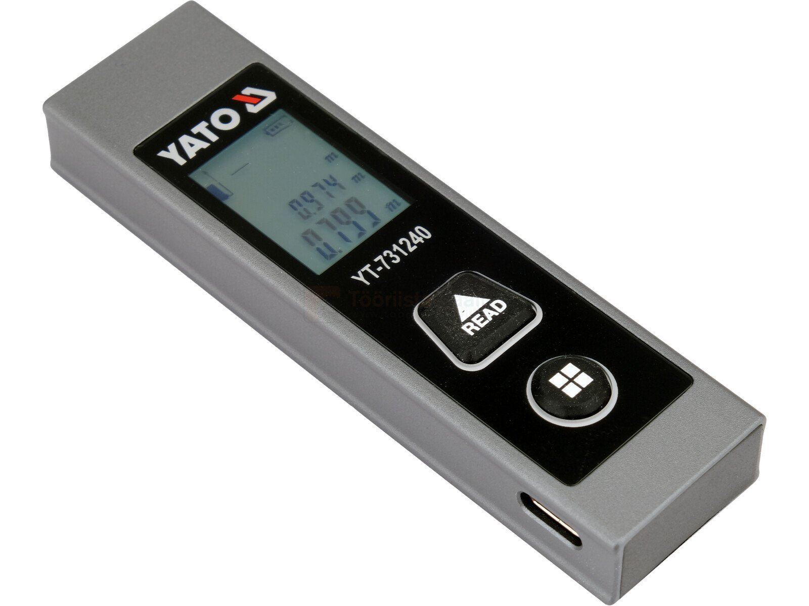 Pildil on Yato taskuformaadis kaugusmõõtja, millel on ekraan mõõtmistulemustega ja kaks nuppu.