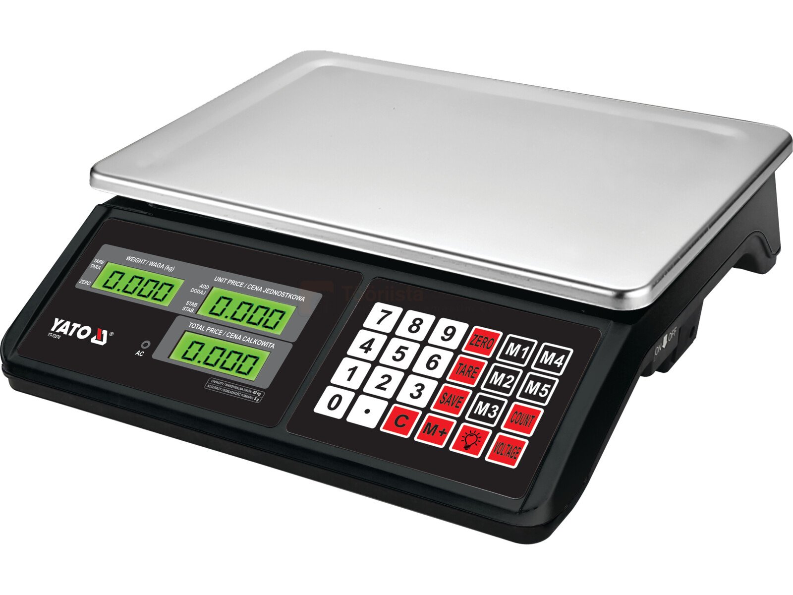 Pildil on musta korpusega YATO elektrooniline kaal, millel on suur roostevabast terasest kaalimisalus, numbriline...