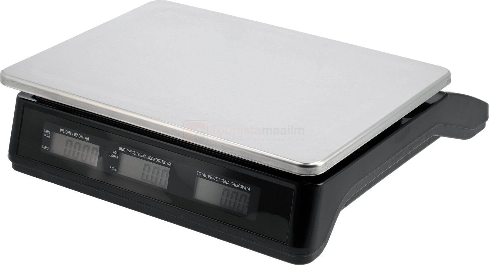 Pildil on YATO elektrooniline kaal, millel on suur roostevabast terasest kaalimisalus ja kaks ekraani kaalu ja hinnainfo...