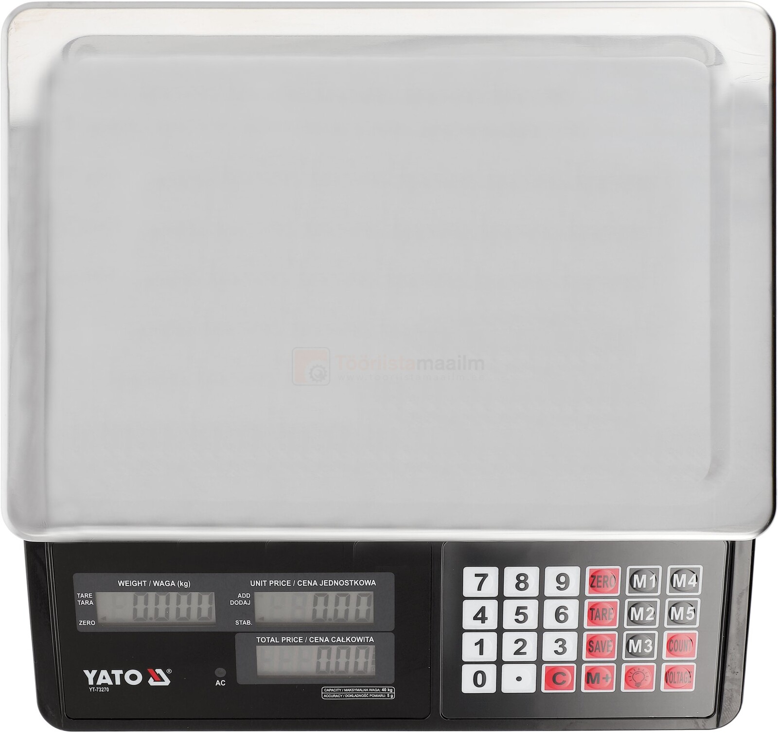 Pildil on musta korpusega YATO elektrooniline kaal, millel on suur valge kaalumisalus, numbriklahvid ja ekraanid kaalu...