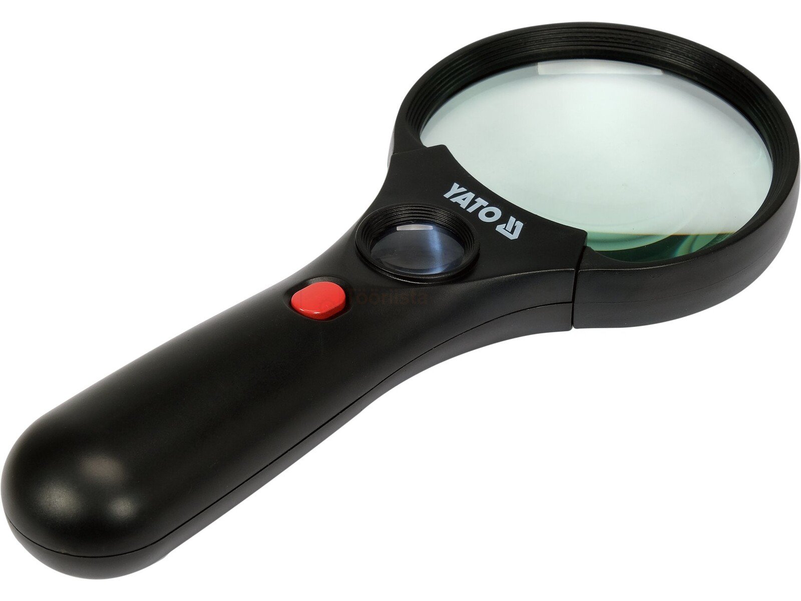 Pildil on musta käepidemega YATO luup, millel on LED-valgusti ja mis võimaldab 3X/45X suurendust.