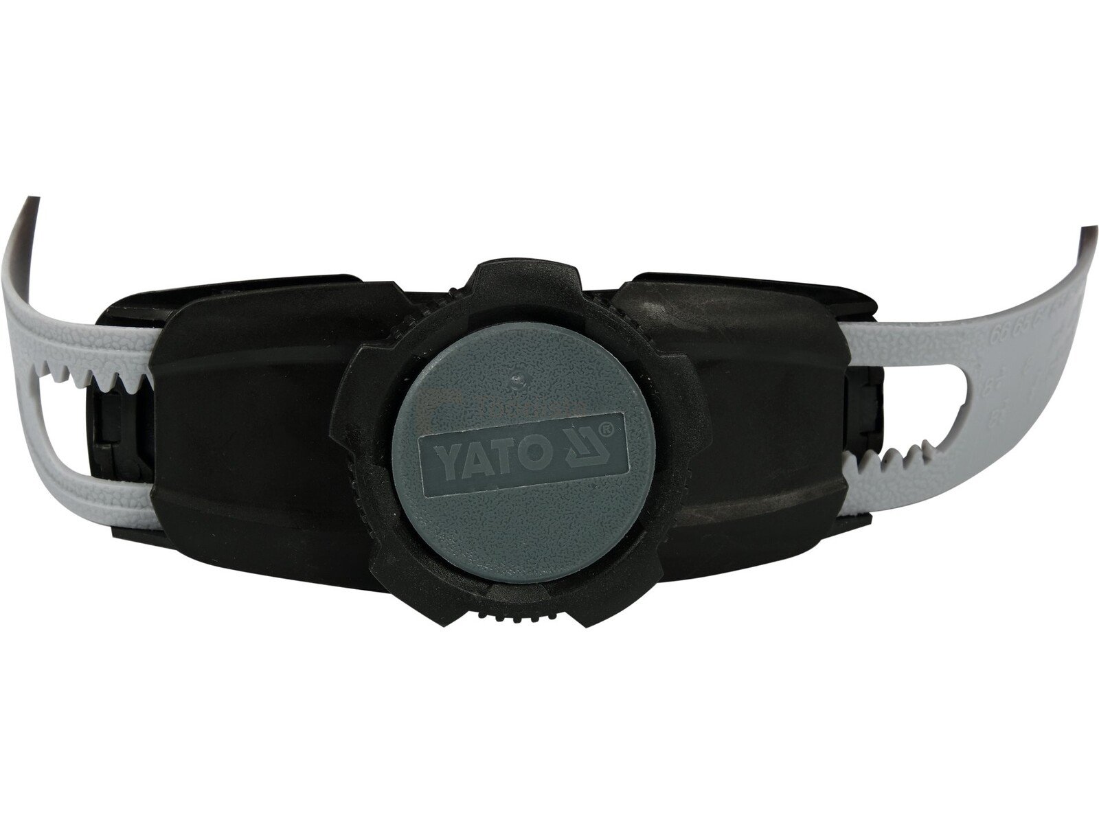 Pildil on YATO kaitsekiiver, millel on must rihm, hallid detailid ja keskel hall nupp.