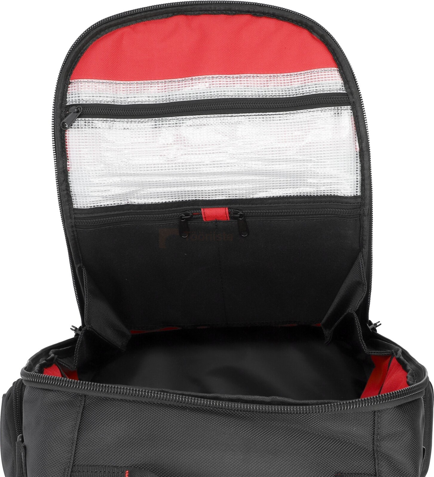 Pildil on avatud YATO seljakott, millel on näha punase voodriga sisemus, mitmed taskud ja sahtlid, sealhulgas võrgust taskud.