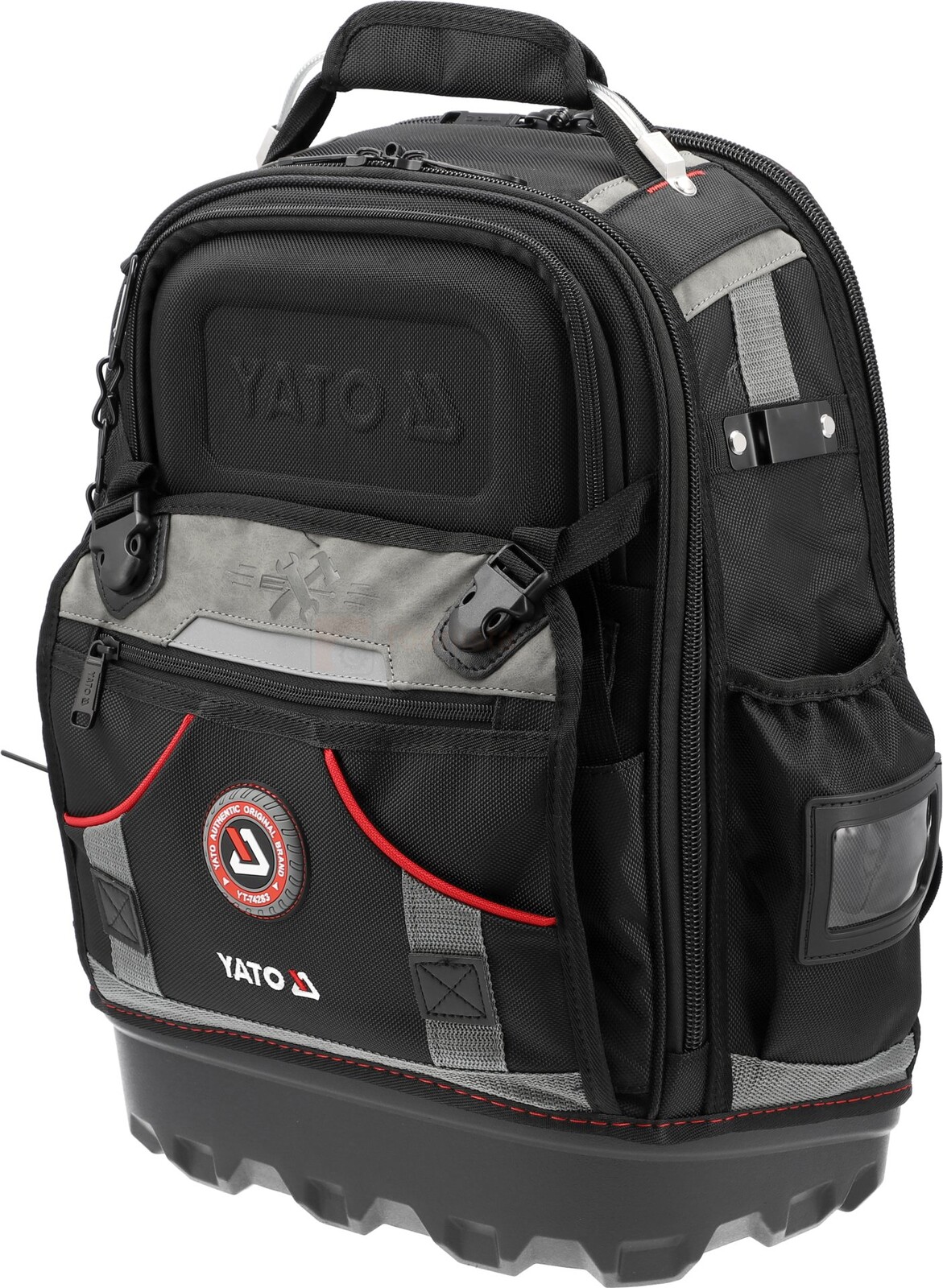 Pildil on musta ja halli värvi Yato seljakott, millel on palju taskuid ja tugev põhi.