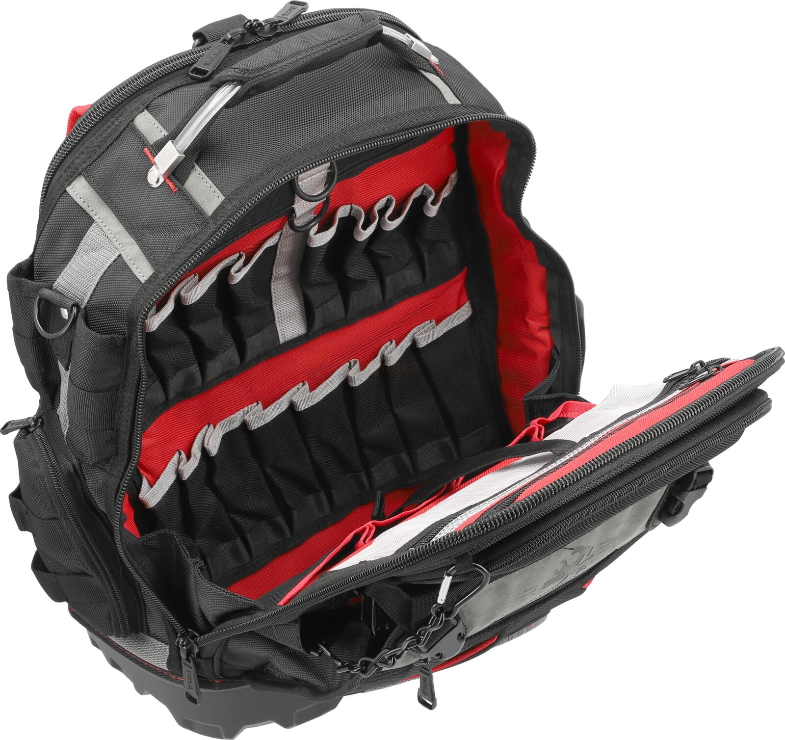 Pildil on avatud YATO seljakott, millel on palju taskuid ja sahtleid tööriistade jaoks.