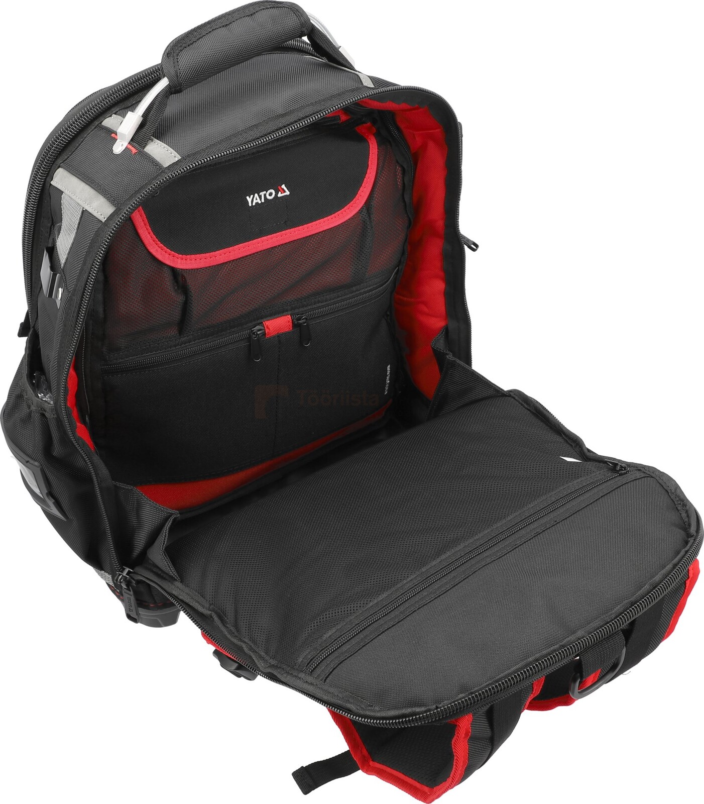 Pildil on avatud YATO seljakott, millel on näha mitmeid taskuid ja punase voodriga sisemus.