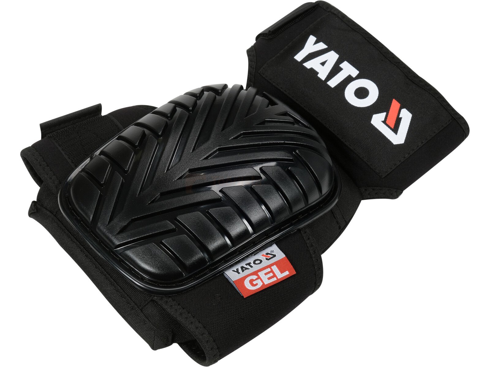 Pildil on Yato geeltäidisega põlvekaitsmed, millel on mustad kinnitusrihmad ja kaitseosa.