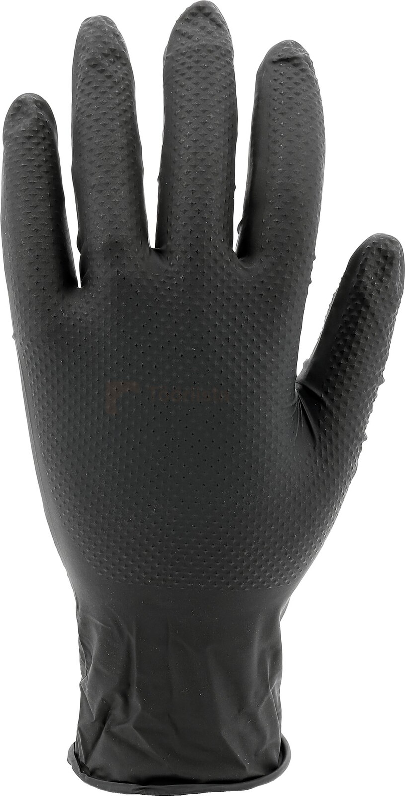 Pildil on must Yato ühekordne nitriilkinnas teemantmustriga, mis on käe kujul.