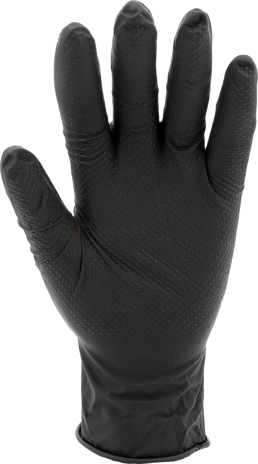 Pildil on must YATO nitriilkinnas suuruses 9, mis on nähtav peopesa poolt.