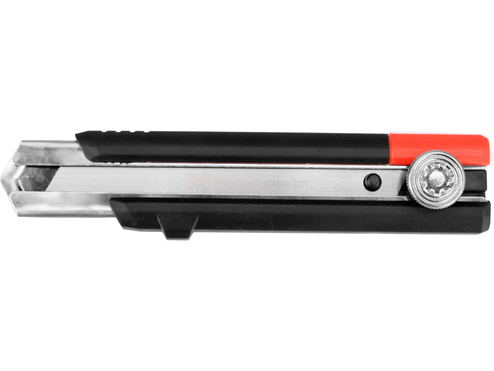 Pildil on näha YATO saag-nuga, millel on must käepide, punane ots ja hõbedane tera.