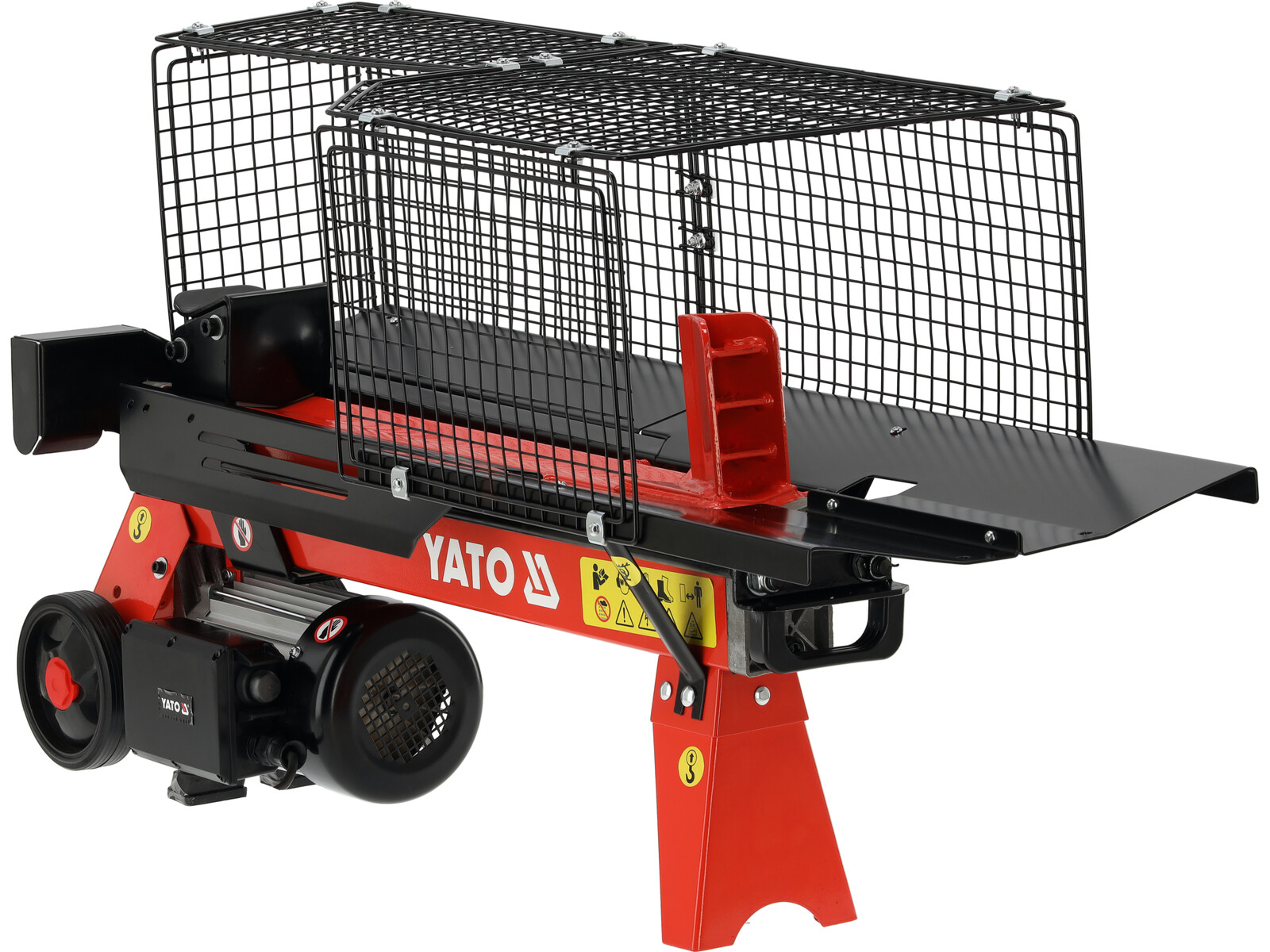 Pildil on YATO puulõhkuja, millel on punane raam, must kaitsevõrk ja mis on mõeldud puidu lõhkumiseks.