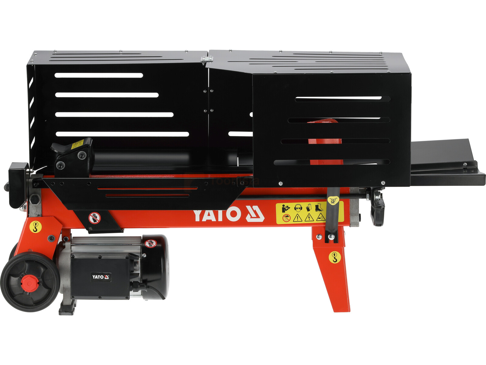 Pildil on YATO puulõhkuja, millel on punane raam, mustad kaitsekattega ja mis on mõeldud puude lõhkumiseks.