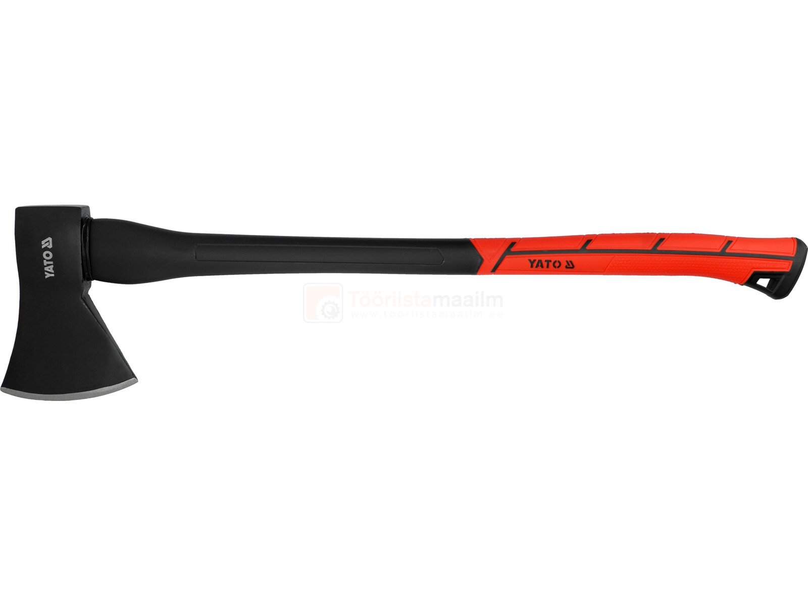 Pildil on musta peaga ja punase käepidemega YATO kirves, millel on klaasfiibrist käepide.