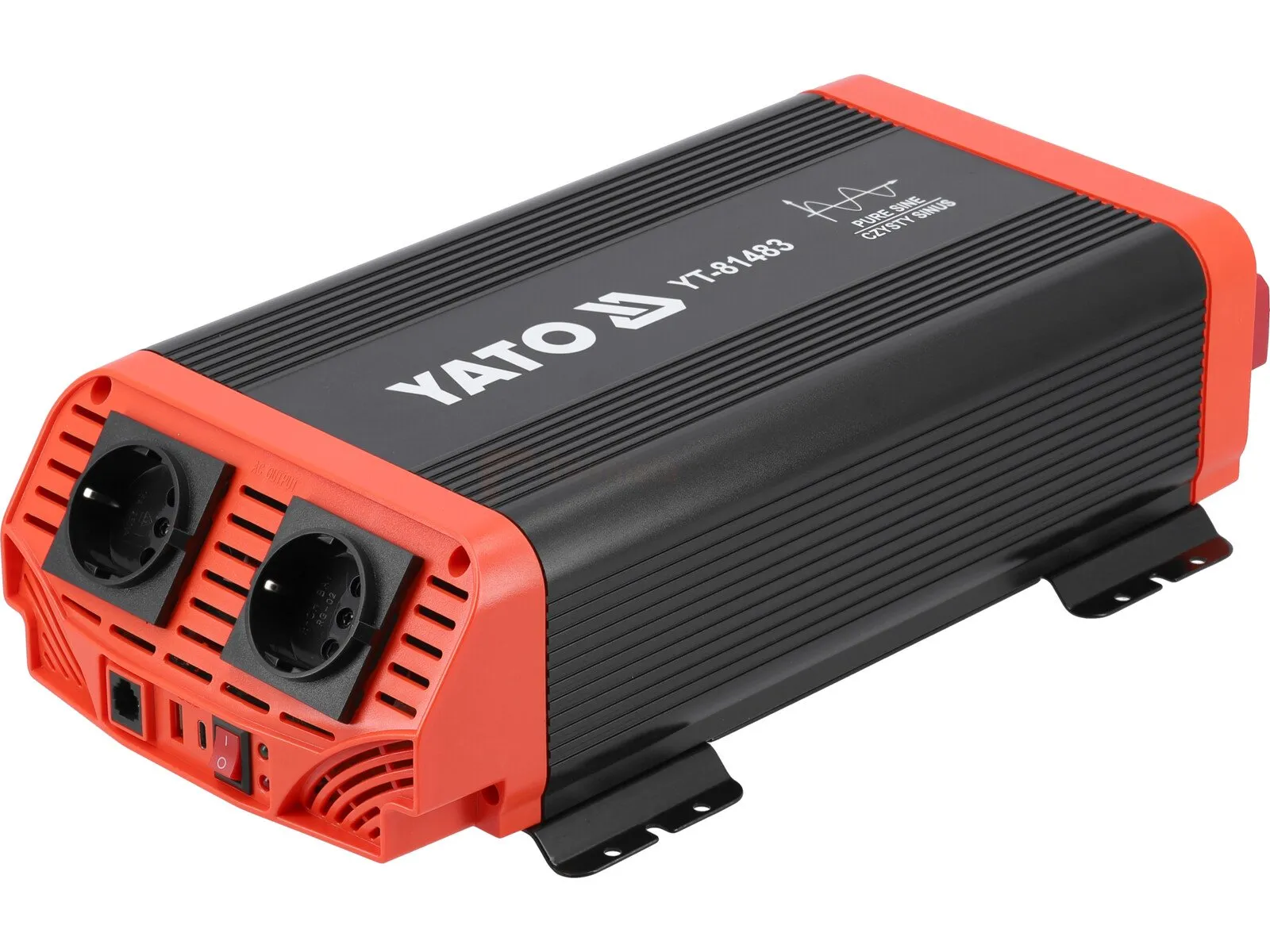 Pildil on Yato kaubamärgi POWER INVERTER, millel on kaks pistikupesa ja sisse/välja lüliti.