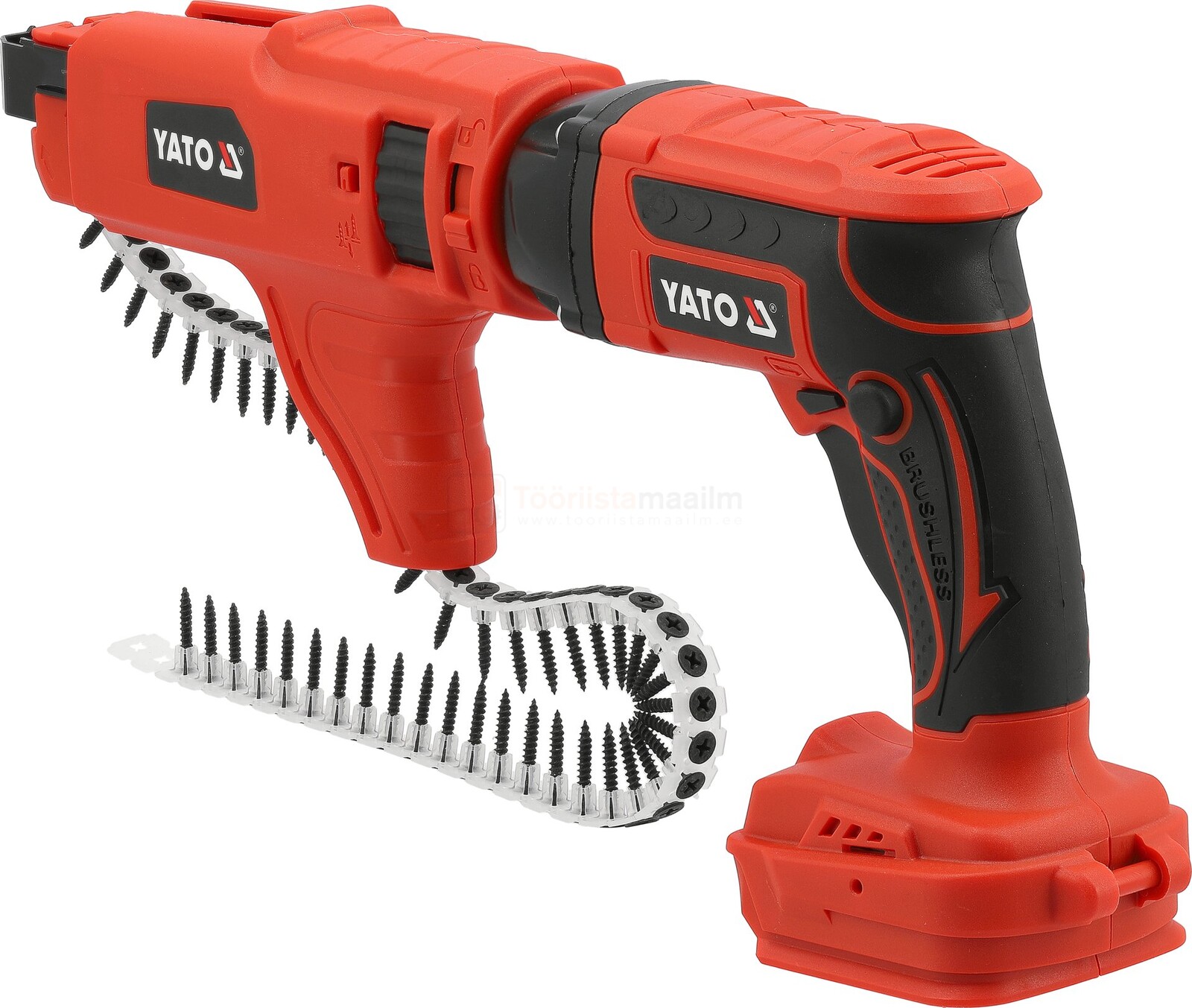 Pildil on Yato akulindiga kruvikeeraja, mis näeb välja punane ja must ning mille juurde kuulub ka lindiga kruvide komplekt.