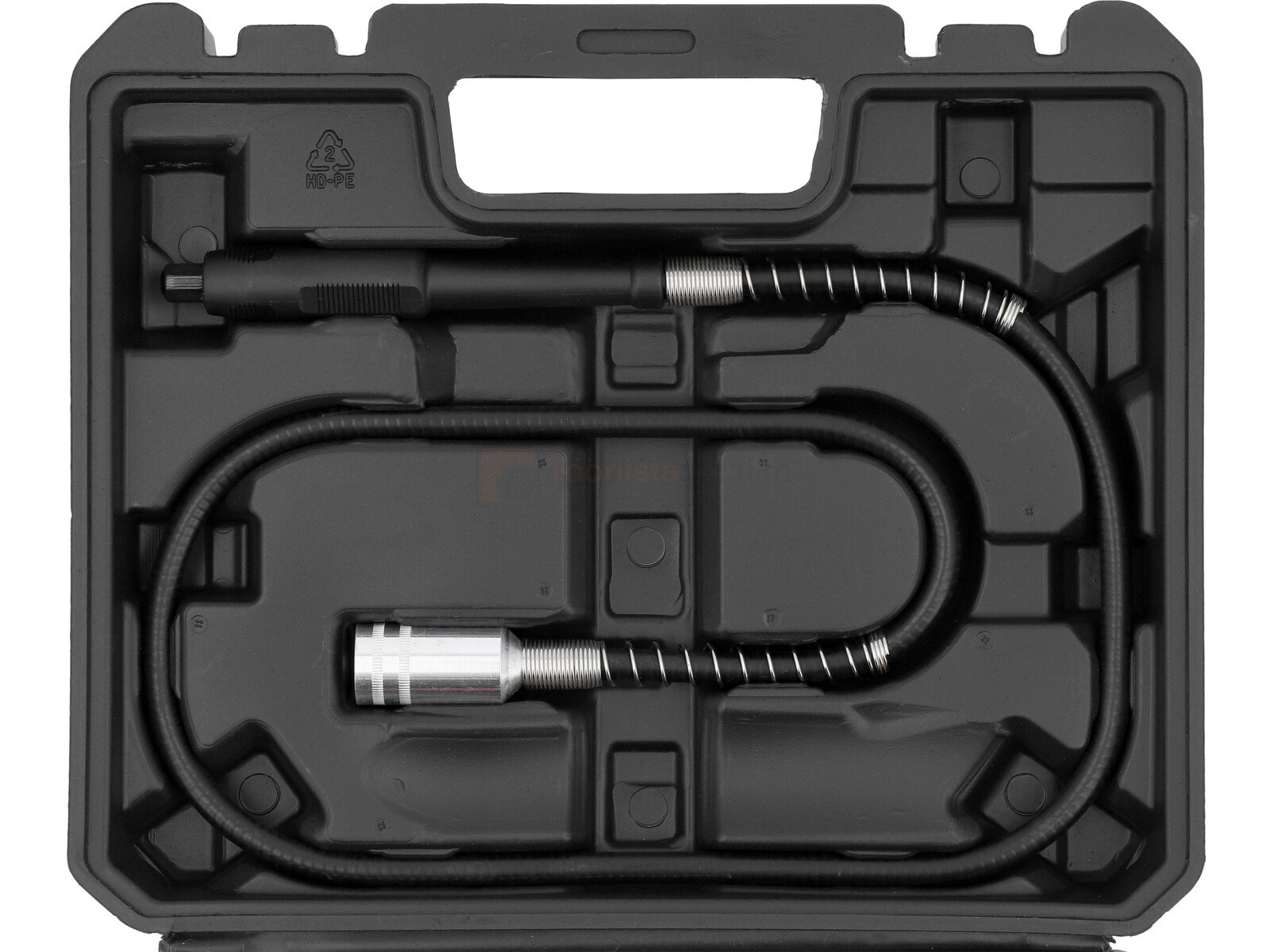 Pildil on mustas kohvris YATO otslihvija, millel on painduv võll ja LED-valgustus.