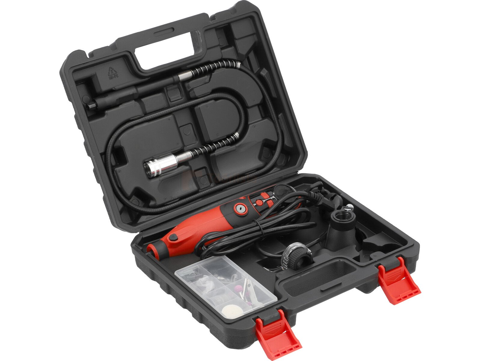 Pildil on avatud mustas kohvris YATO otslihvija, millel on punane käepide, painduv võll, erinevad tarvikud ja LED-tuli.