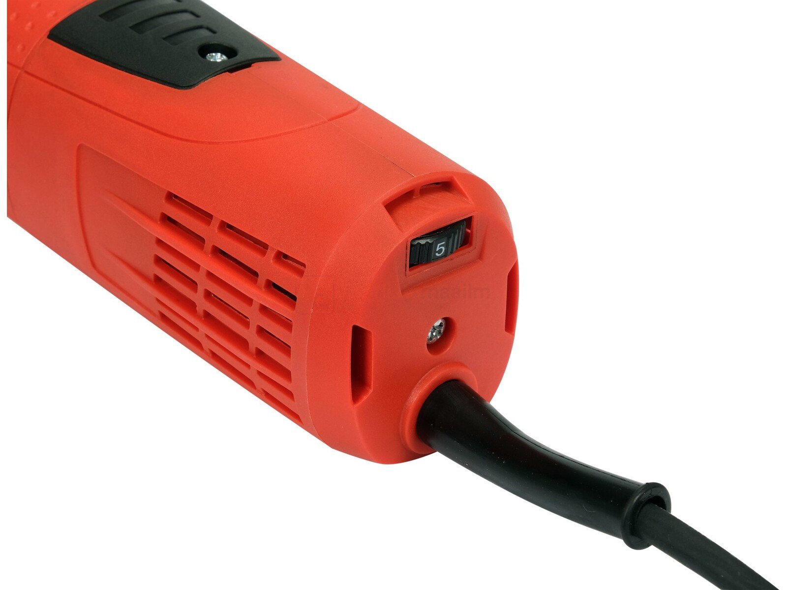 Pildil on näha Yato nurklihvija 125mm 1700W (muudetava kiirusega) korpuse detail, millel on sisse-välja lüliti ja toitejuhe.