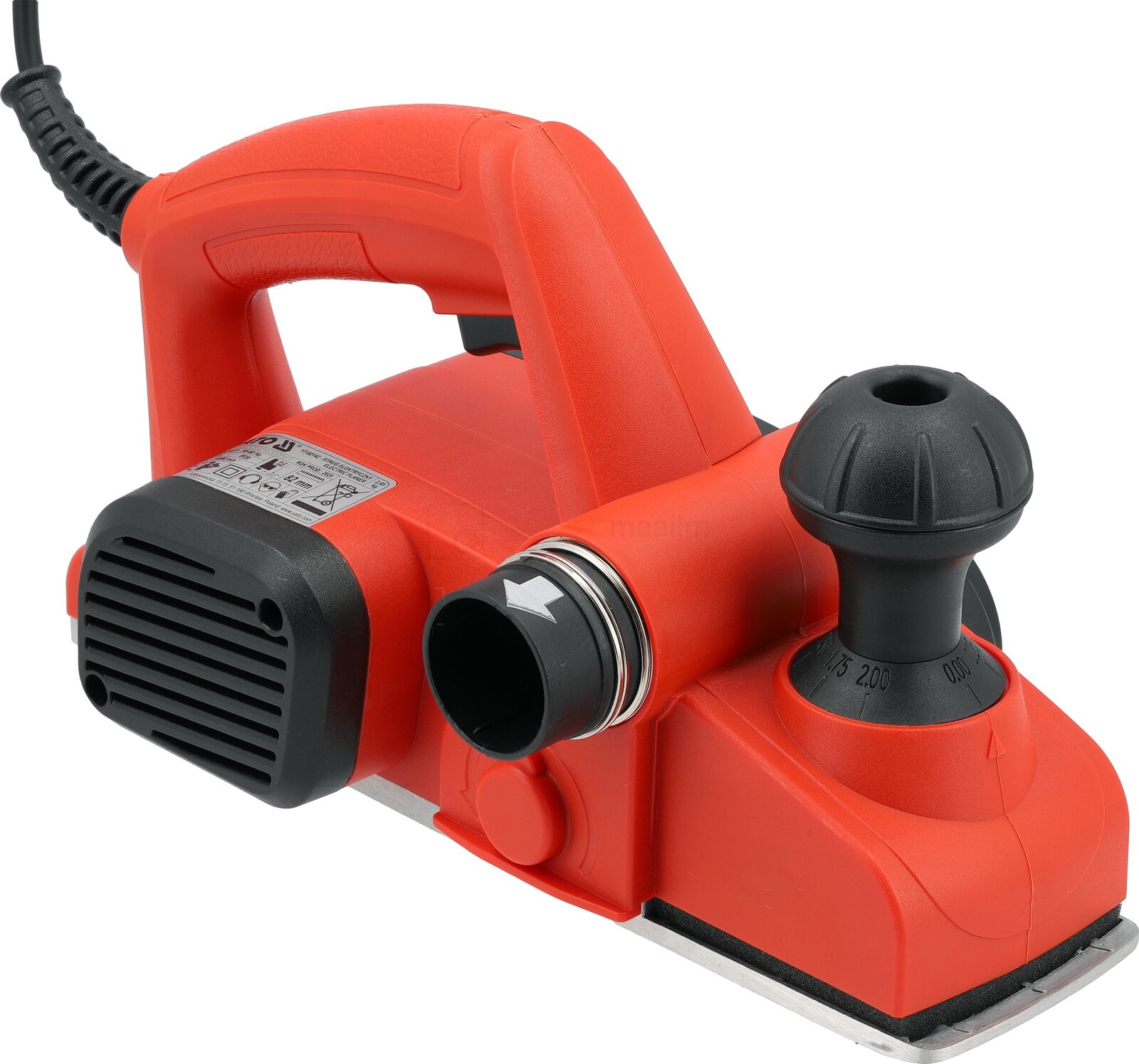 Pildil on punane Yato elektriline höövel võimsusega 650 W, millel on käepide, toitejuhe, tolmu väljalaskeava ja tööriista...