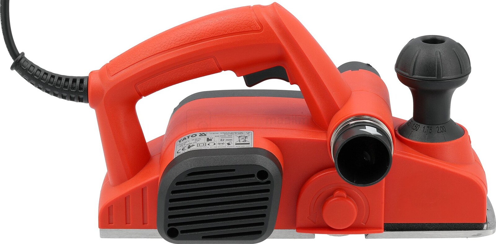 Pildil on YATO elektriline höövel võimsusega 650 W, millel on punane korpus, must ventilaator, käepide ja reguleerimisnupp.