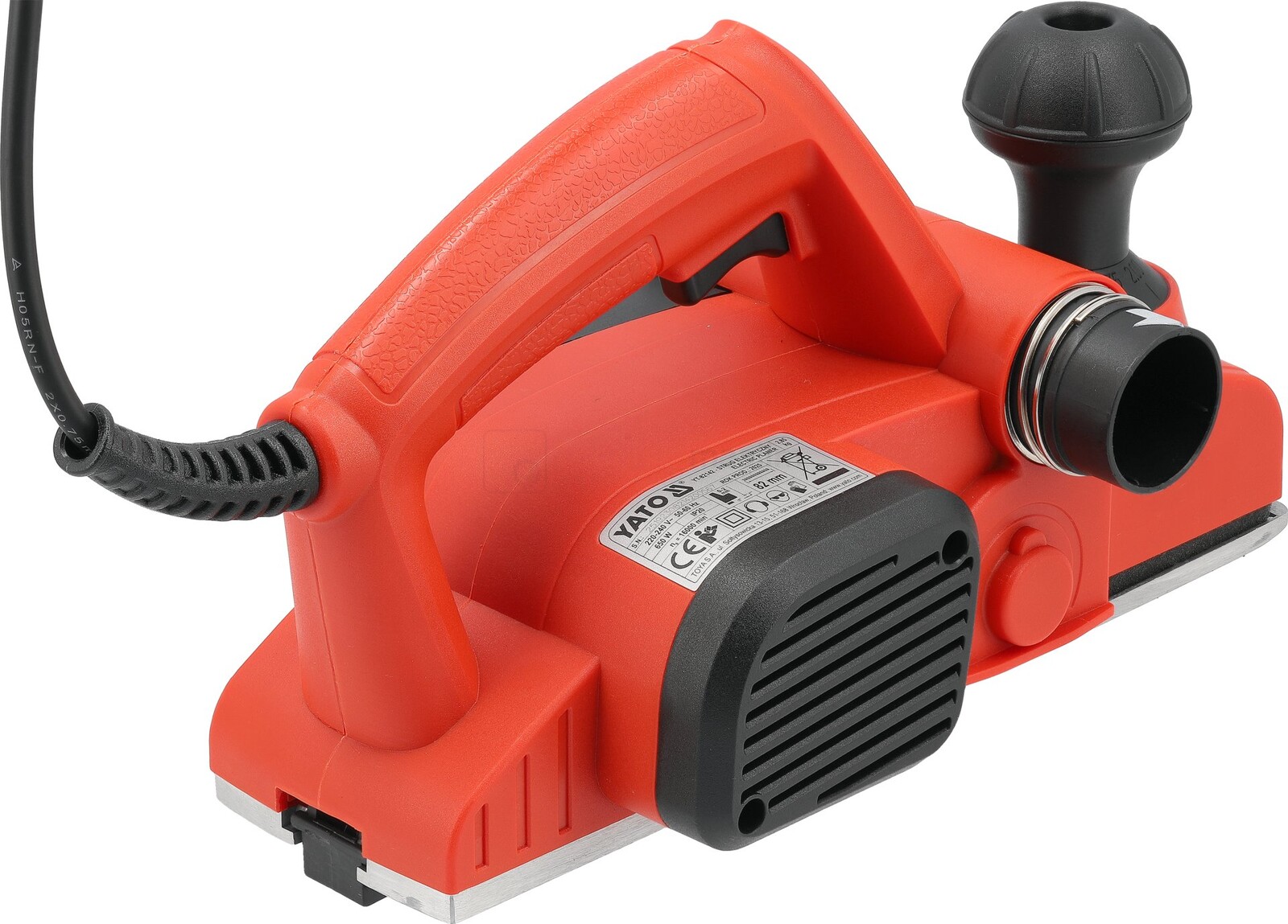 Pildil on näha punane YATO 650 W elektriline höövel, millel on käepide, tolmueemaldusotsak ja teraga tallad.