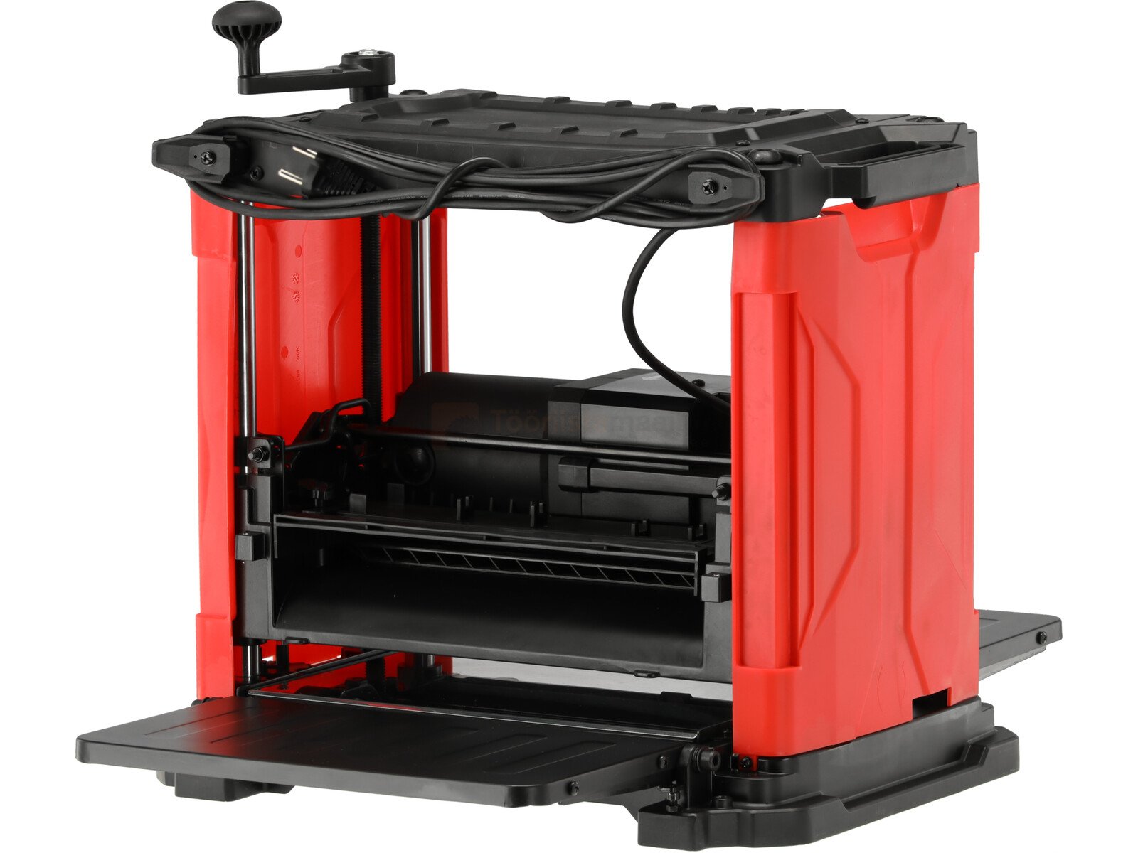 Pildil on näha punane YATO paksusmasin, millel on reguleerimiskäepide ja mis on mõeldud puidu paksuse ühtlustamiseks.