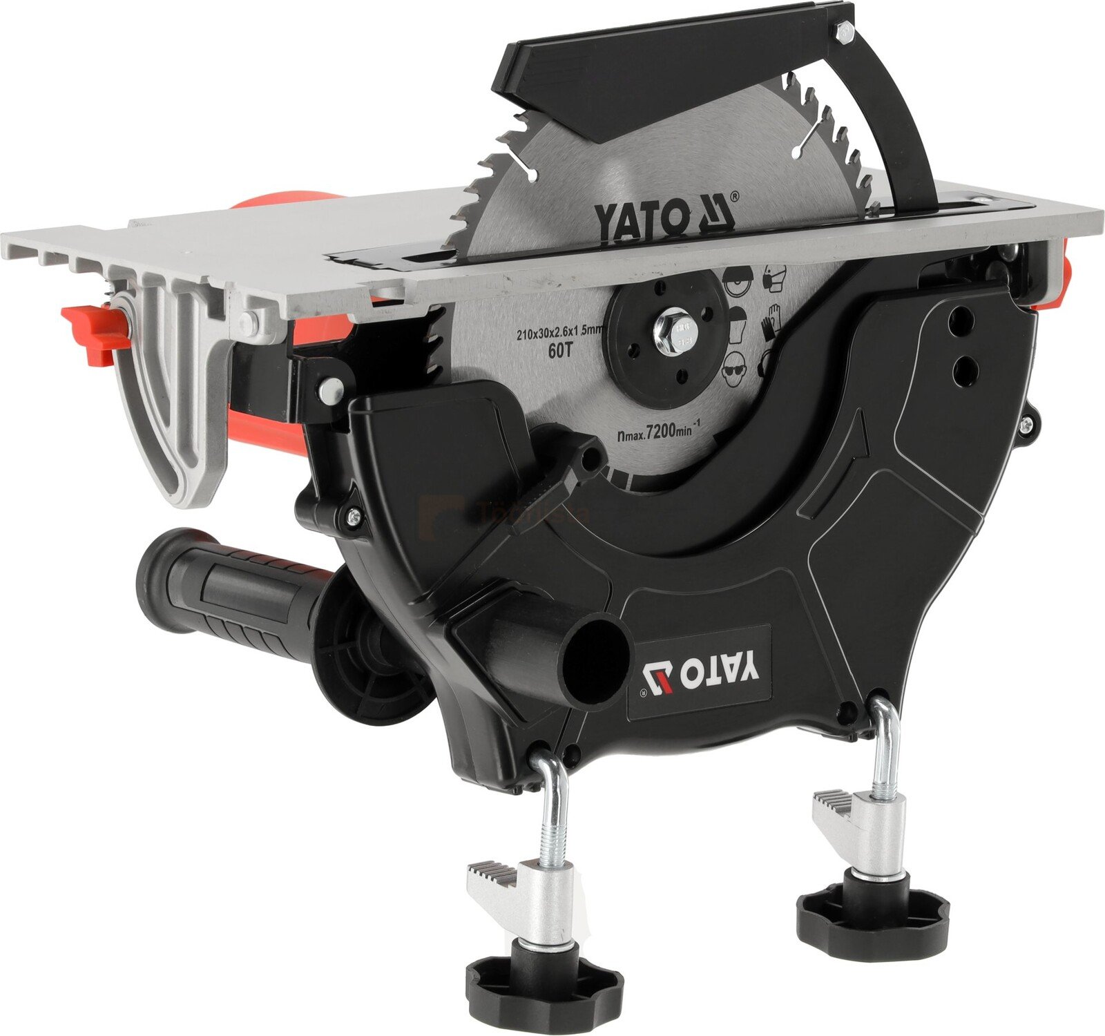 Pildil on YATO ketas- ja lauasaag, millel on näha saeketas, juhtnupud ja reguleeritavad jalad.