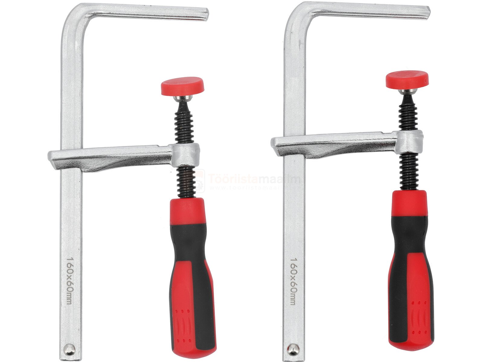 Pildil on kaks YATO F-klambrit, millel on punase ja musta käepidemega kruvid.