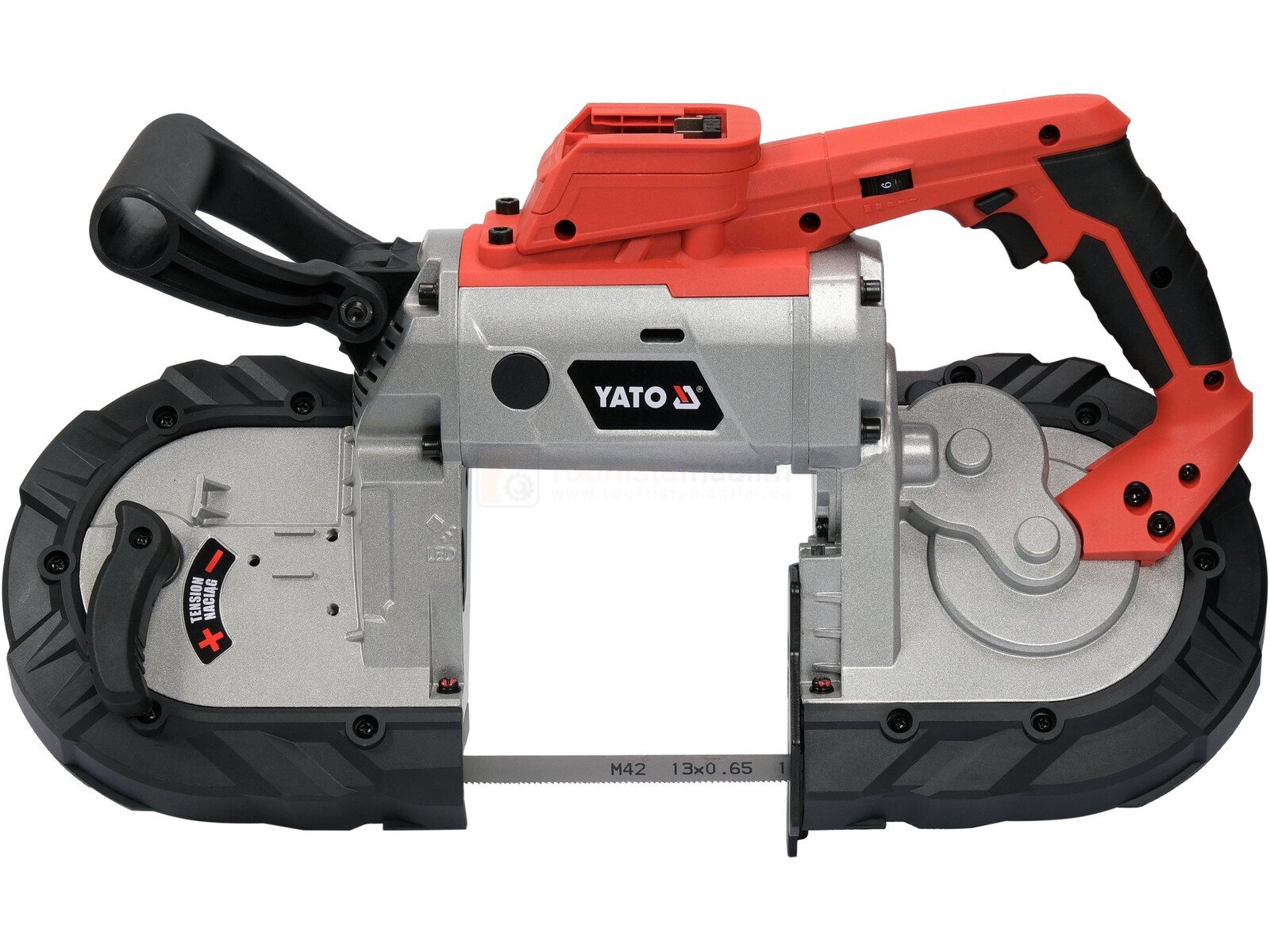 Pildil on YATO akulintsaag, mis on mõeldud metalli lõikamiseks ja millel on näha saekettaid ning käepidemeid.