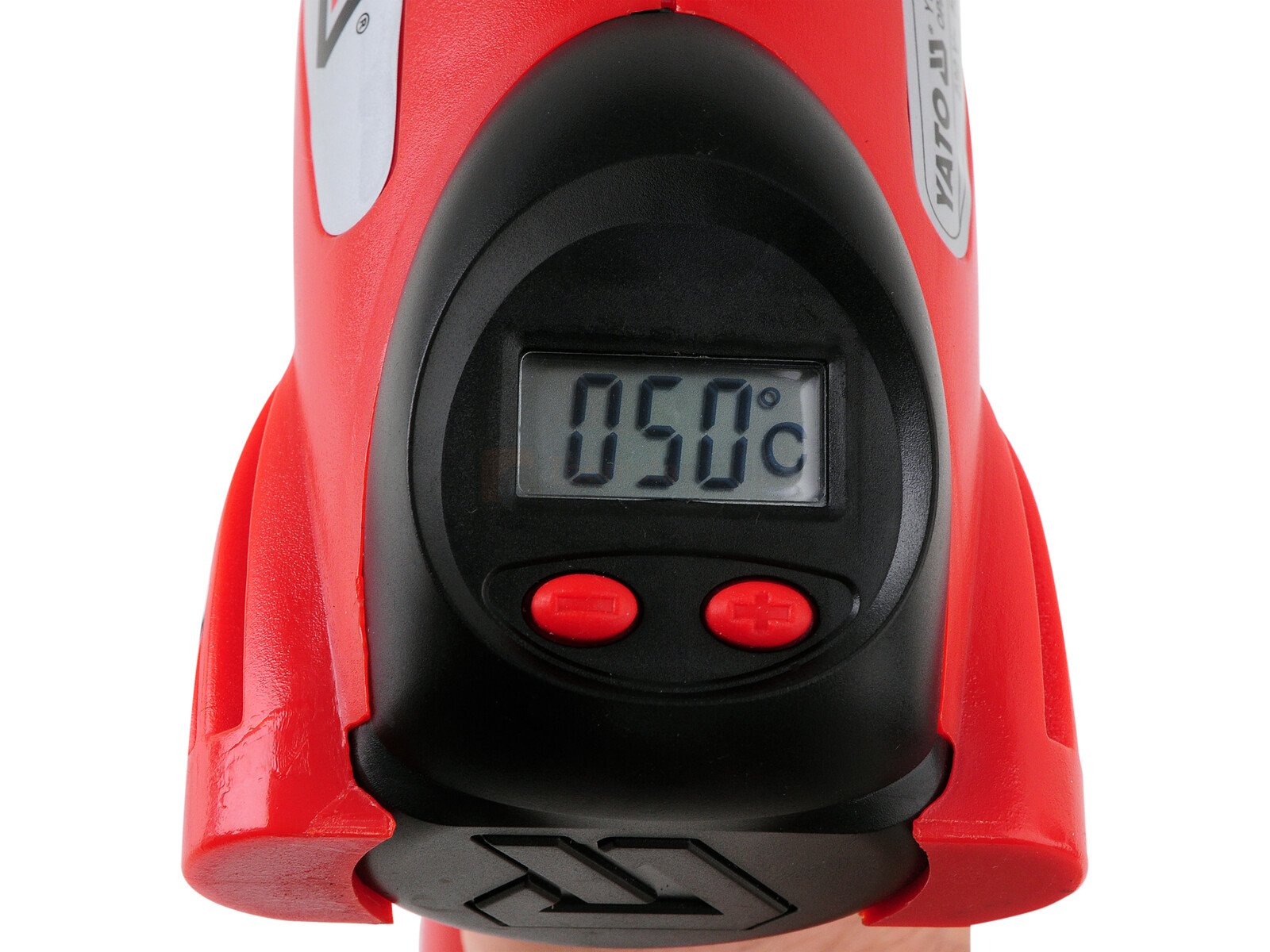 Pildil on näha YATO kuumaõhupuhuri ekraani, mis näitab temperatuuri 50 kraadi Celsiuse järgi.