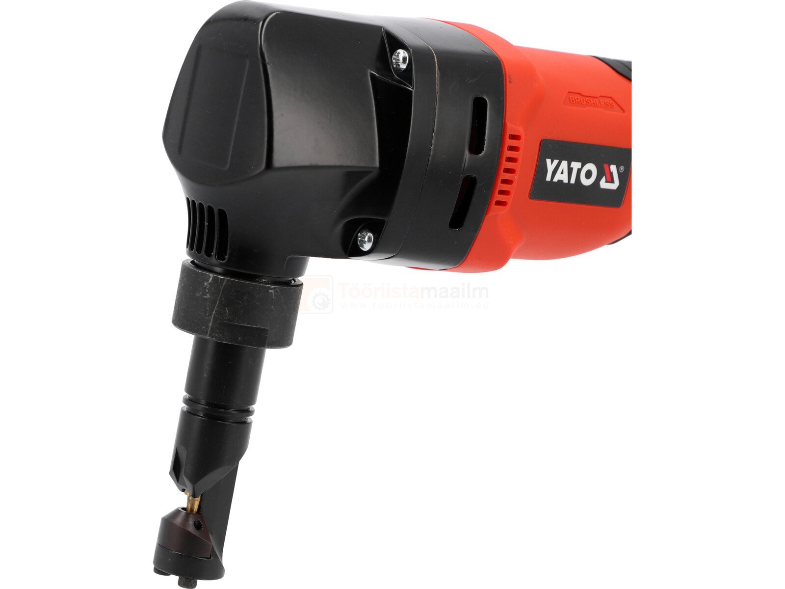 Pildil on YATO akuplekilõikur, millel on punane ja must korpus ning mis on mõeldud pleki lõikamiseks.