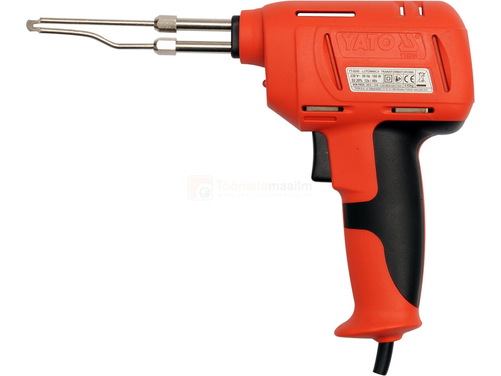 Pildil on Yato 180W jootepüstol, millel on punane korpus, must käepide ja kaks jootmisotsikut.
