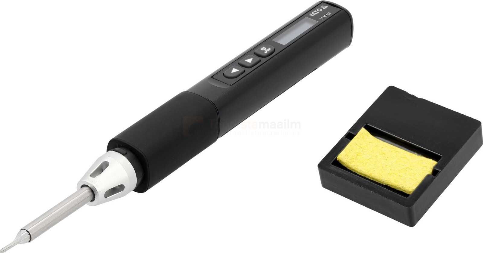 Pildil on musta värvi Yato kaasaskantav jootekolb T12 OLED USB-C koos ekraaniga ja sellega kaasasolev niiskuslapp.