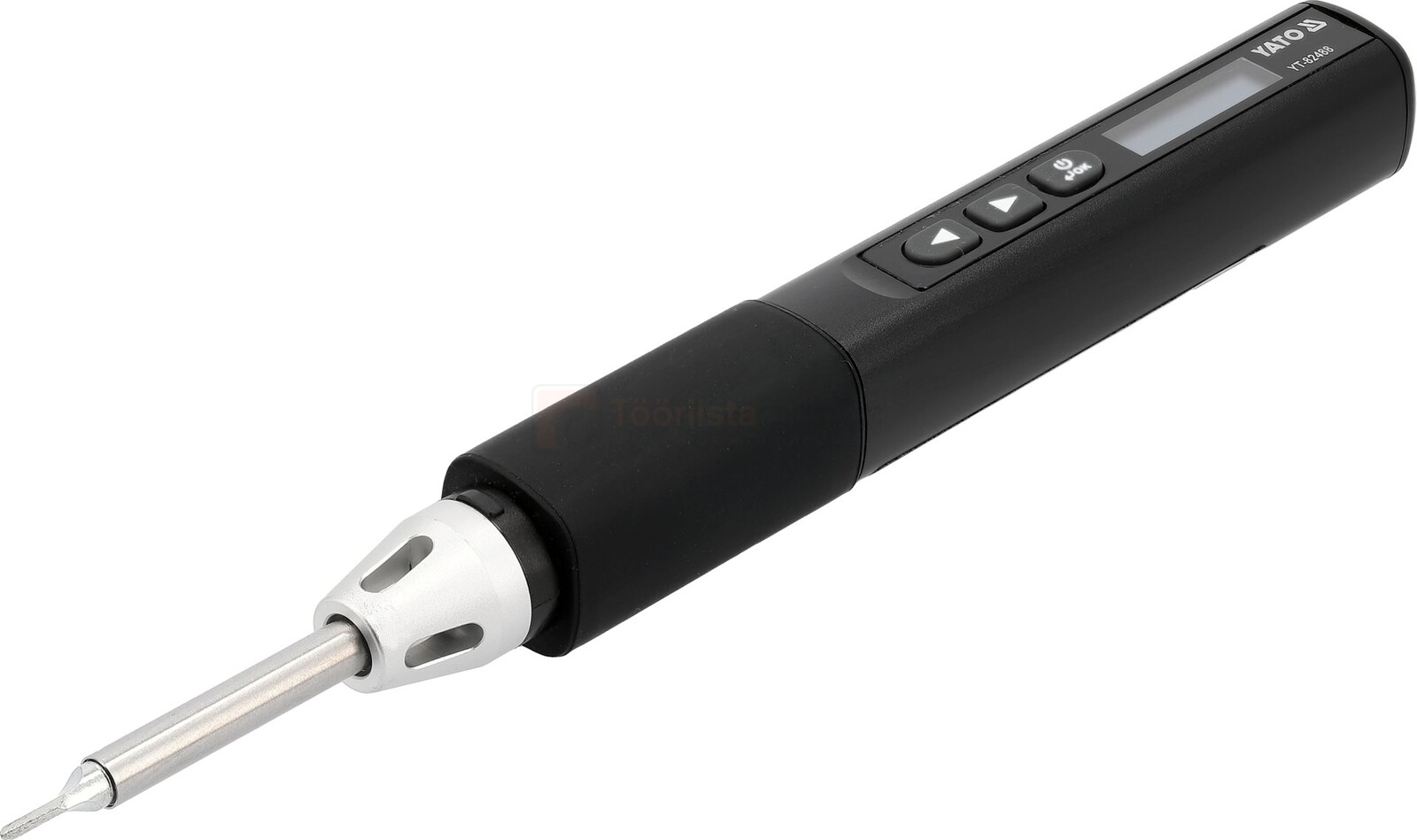Pildil on must Yato kaasaskantav jootekolb T12 OLED USB-C, millel on ekraan, nupud ja küljes jootekolvi ots.